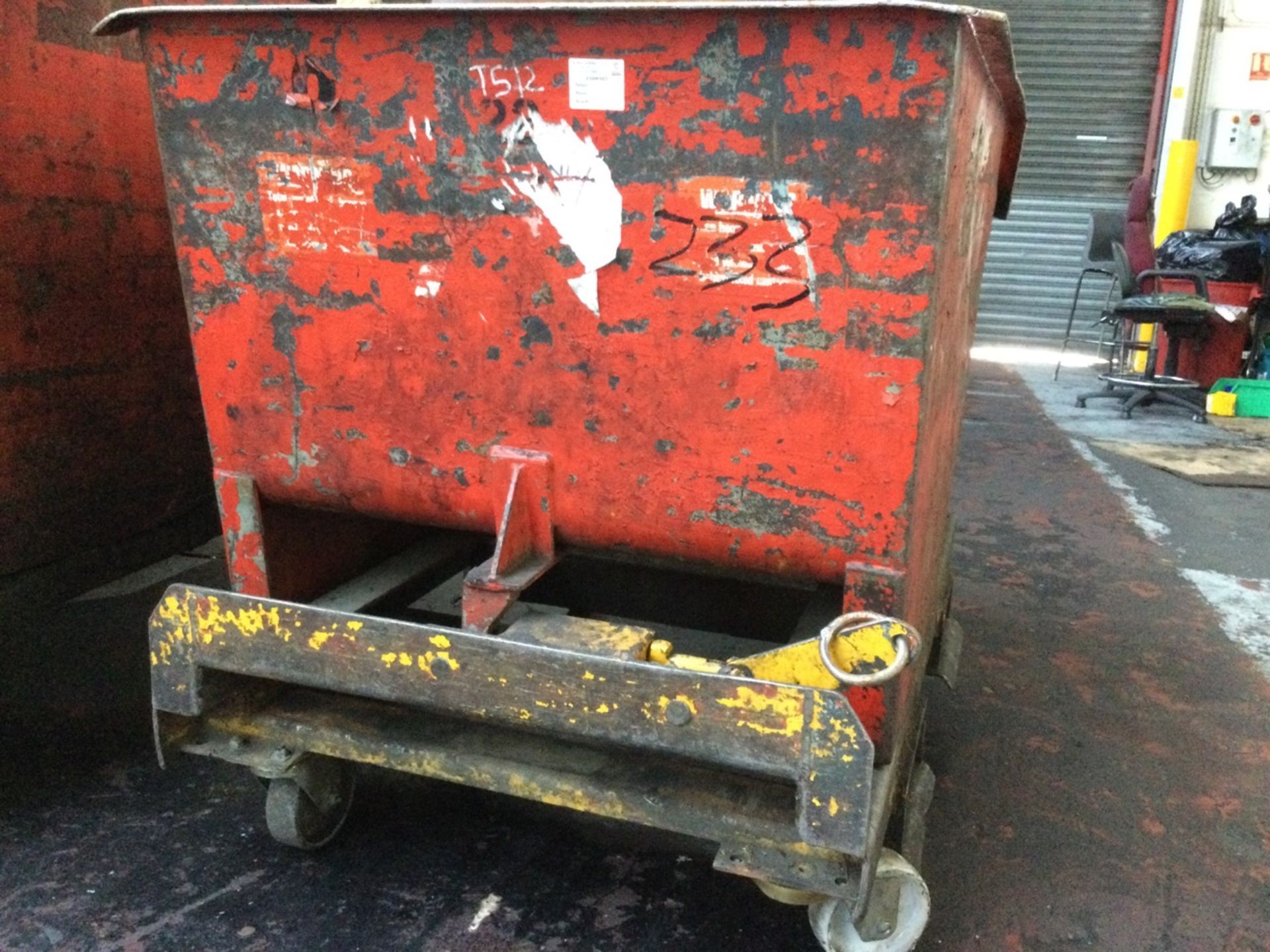 1 Unknown, Large Sized Fork Lift Tipping Skip With Wheels