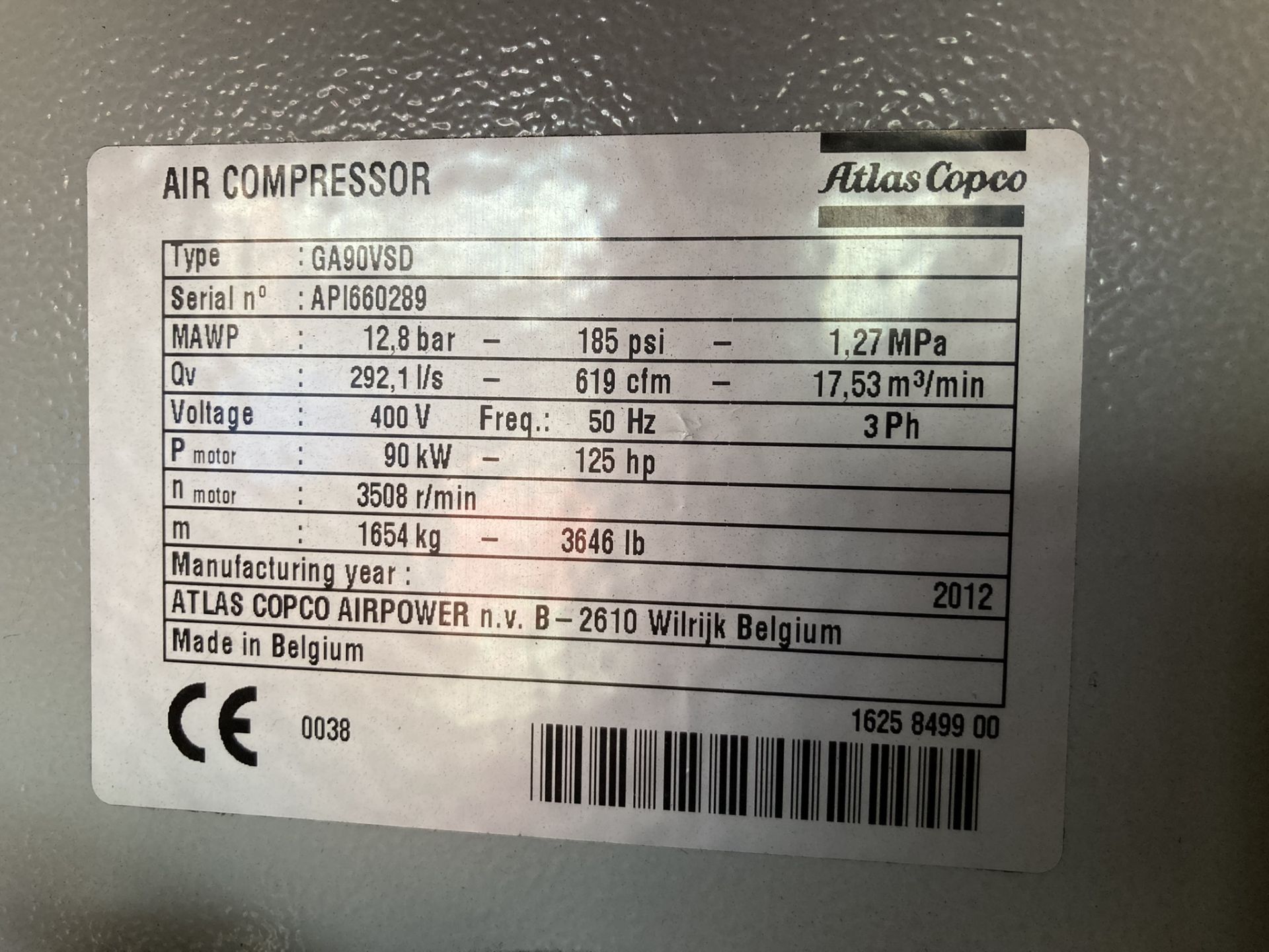 1 Atlas Copco, GA 90 VSD, Packaged Air compressor (Compressor House outside Bay 1) , Serial Number: - Image 2 of 3