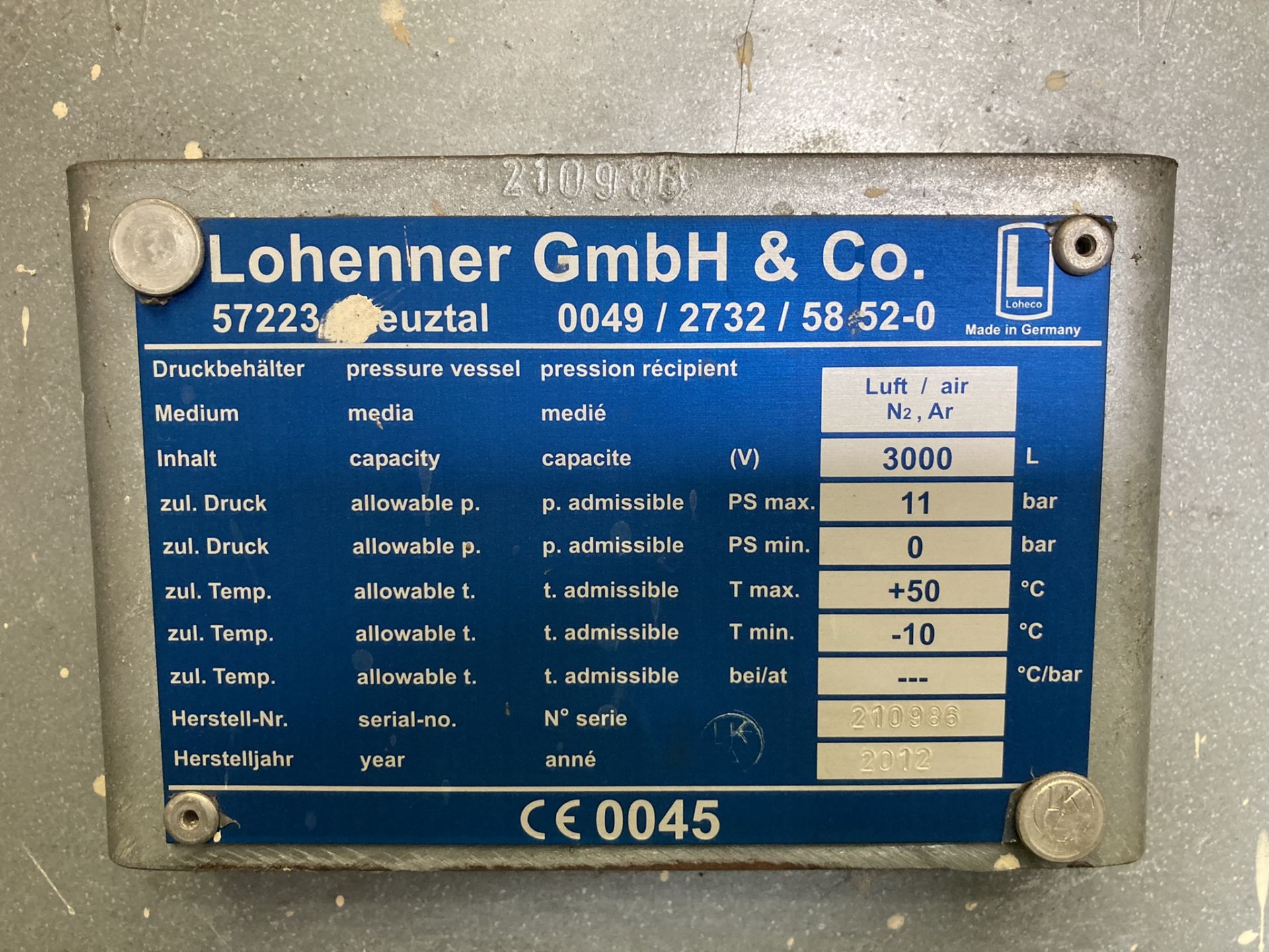1 Atlas Copco, Lohenner, 3,000 litre welded air receiver , Serial Number: 210986, Year of Manufactu - Image 2 of 2