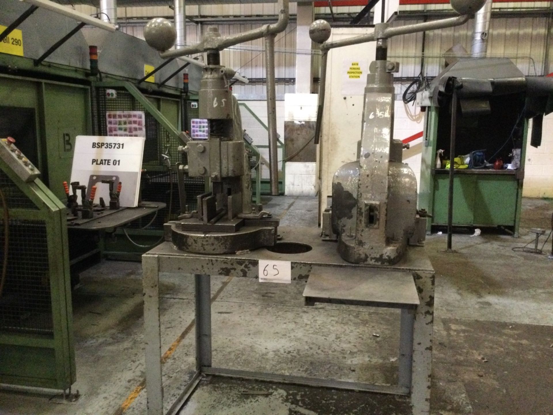 1 Norton, 5 DB, Two Fly presses (1 x Norton, 1 x No.7), both items fixed to fabricated steel bench - Image 2 of 4