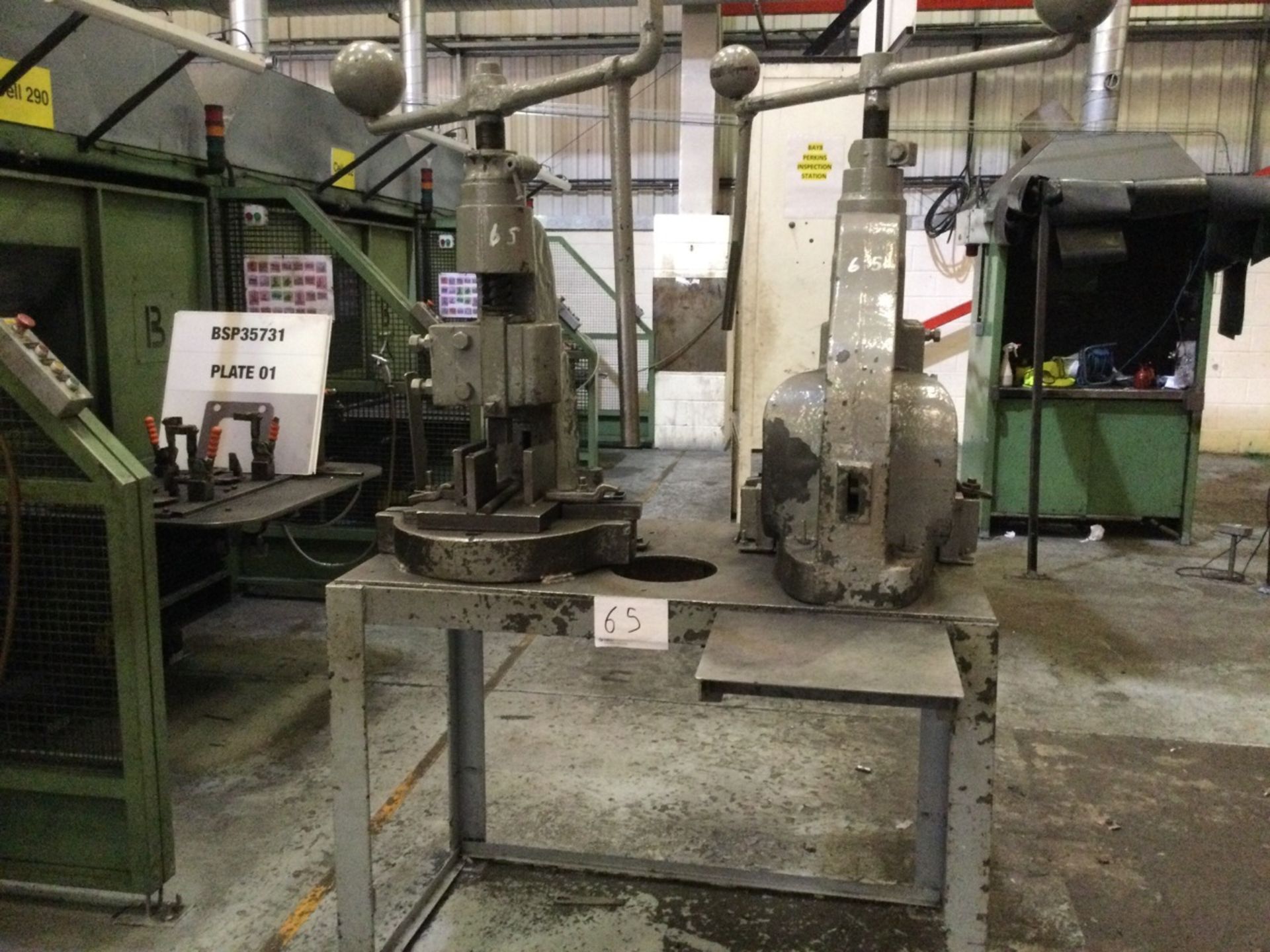 1 Norton, 5 DB, Two Fly presses (1 x Norton, 1 x No.7), both items fixed to fabricated steel bench