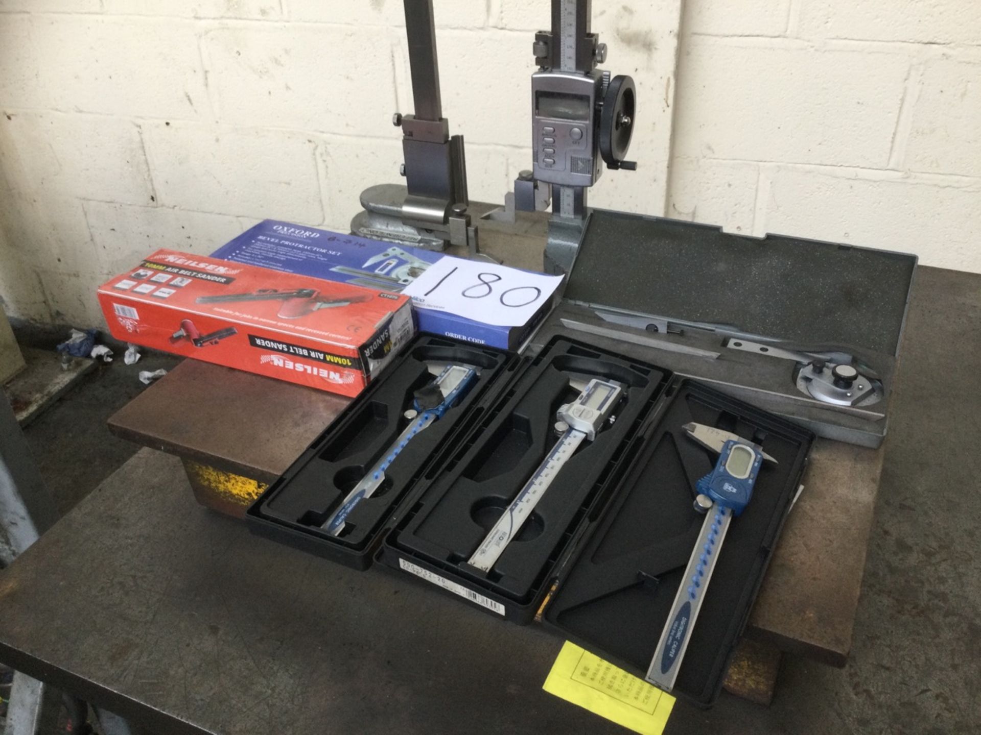 1, Miscellaneous Lot To Include 3 Small Digital Callipers, 2 Height Gauges, Bevel Protractor Set