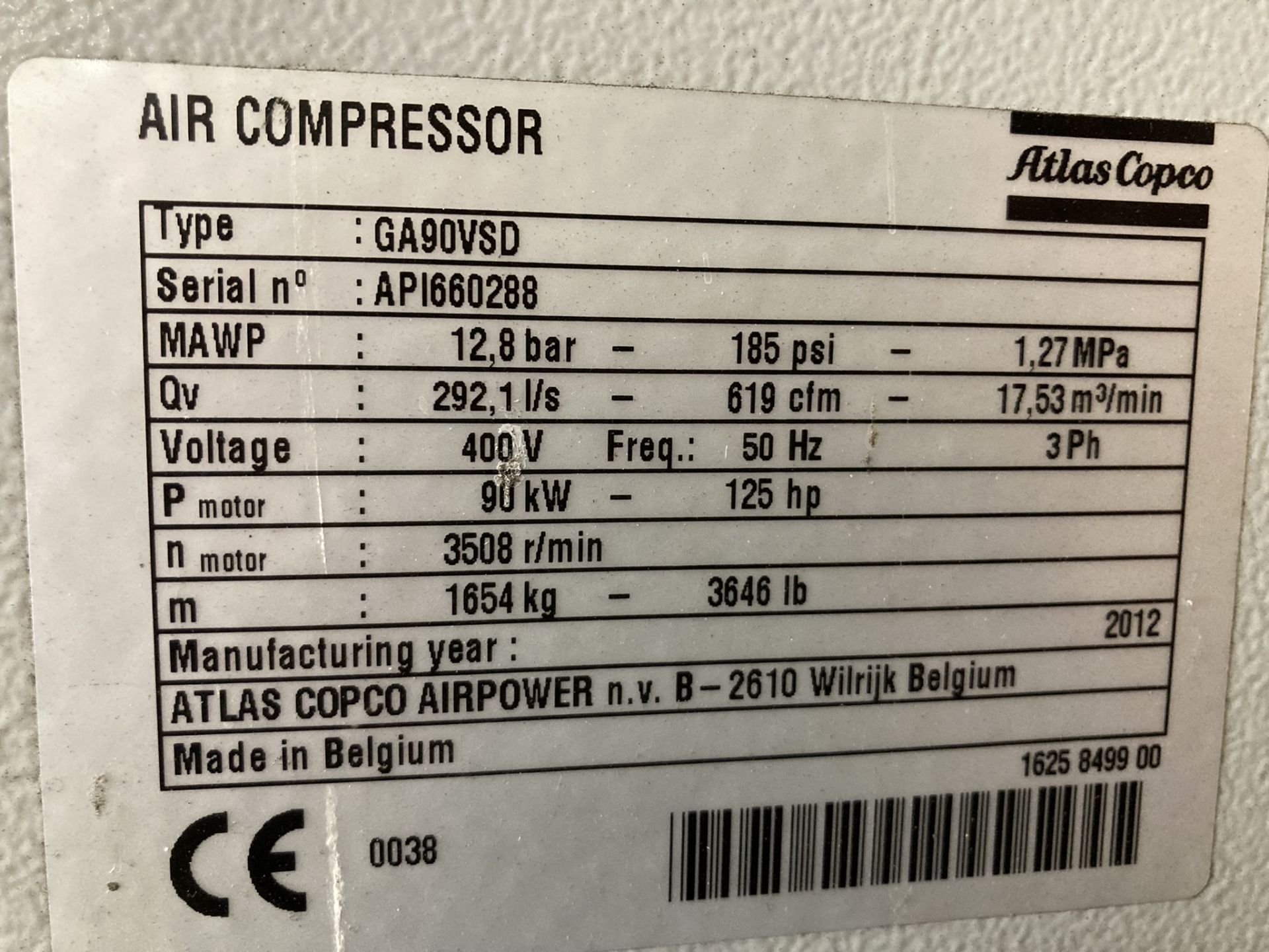 1 Atlas Copco, GA 90 VSD, Packaged Air compressor (Press Tool Storage Unit) , Serial Number: APl6602 - Image 3 of 3