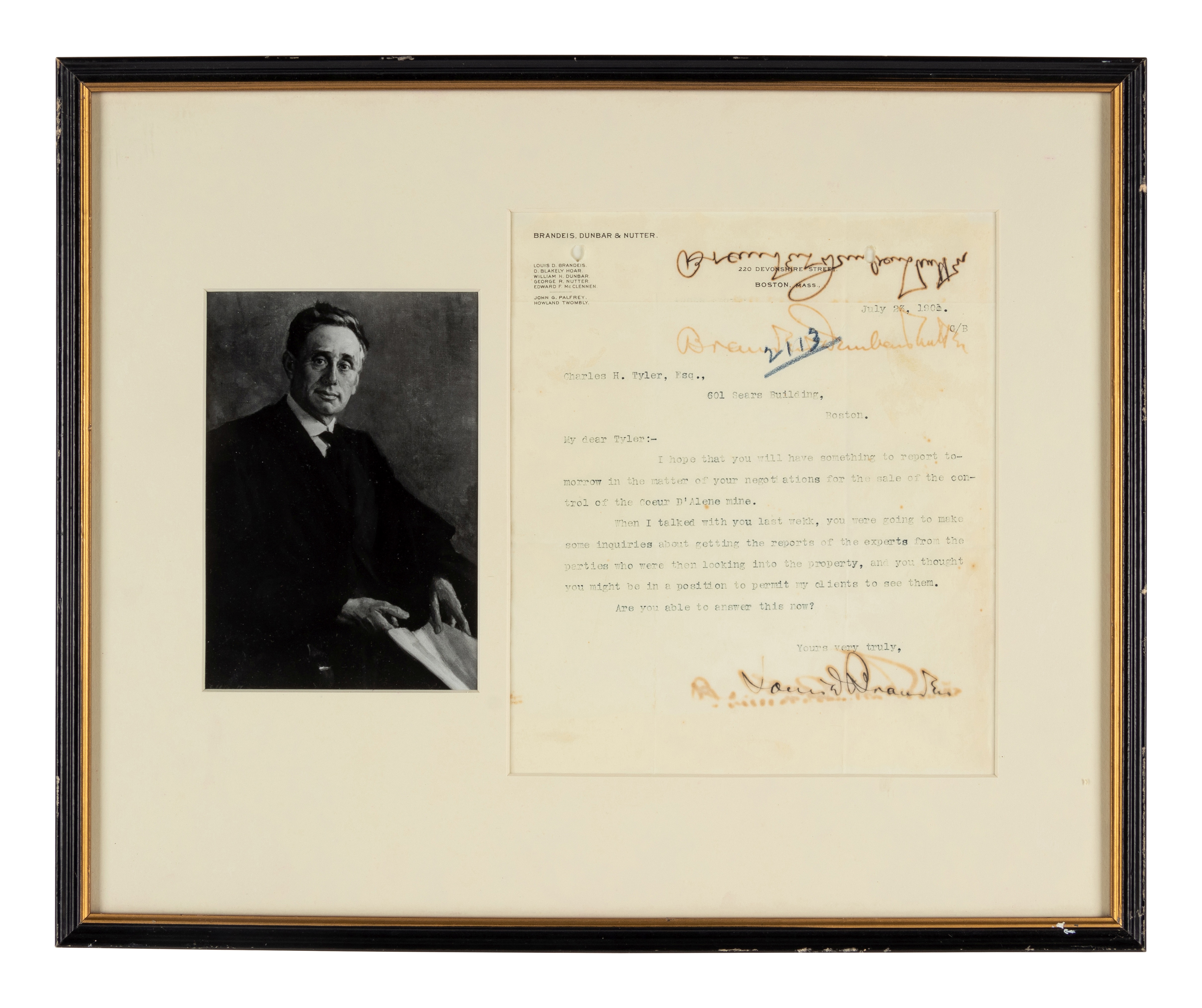 BRANDEIS, Louis Dembitz. Typed letter twice signed ("Louis D. Brandeis," "Brandeis, Dunbar & Nutter" - Image 2 of 4