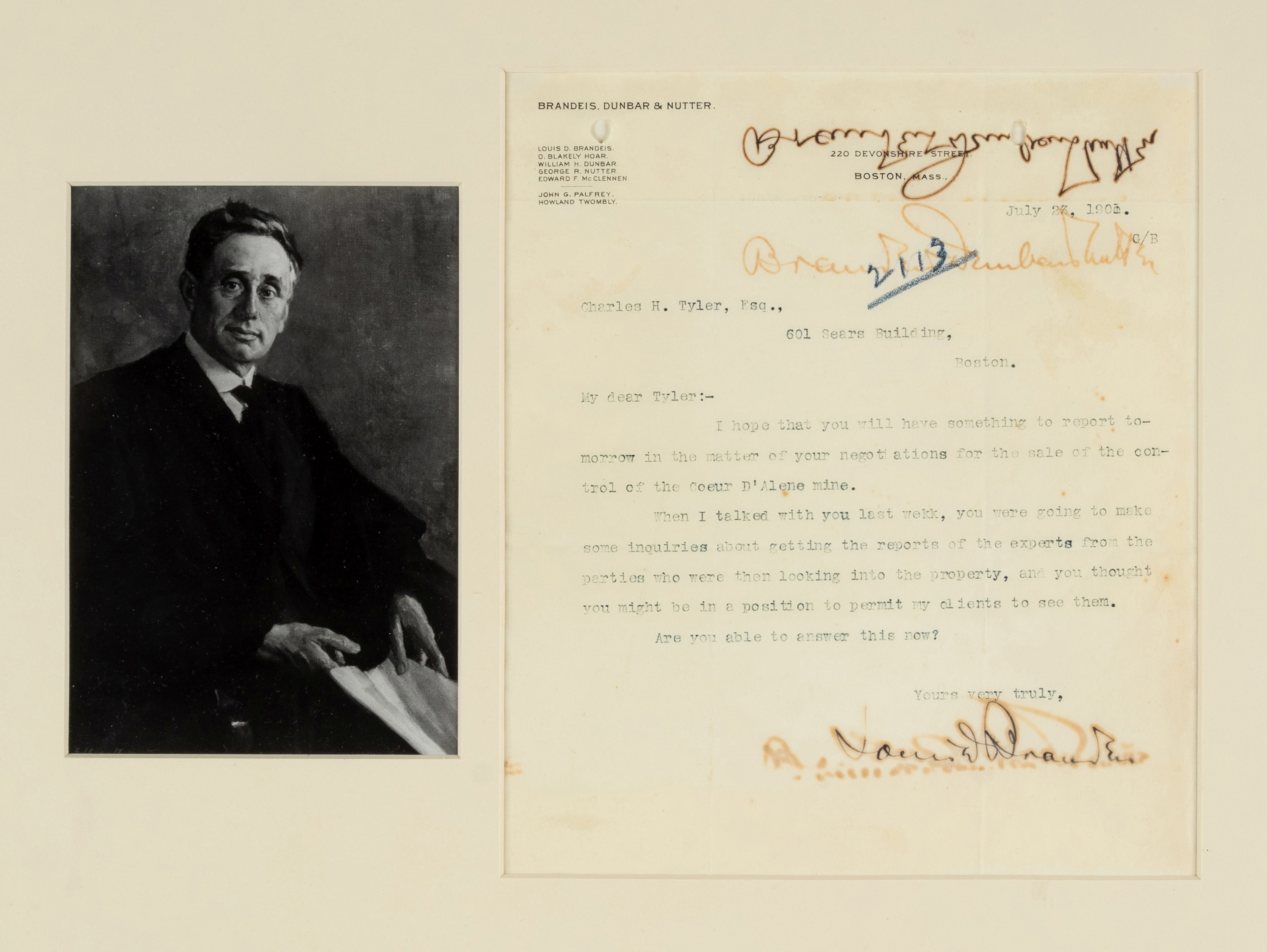 BRANDEIS, Louis Dembitz. Typed letter twice signed ("Louis D. Brandeis," "Brandeis, Dunbar & Nutter" - Image 4 of 4