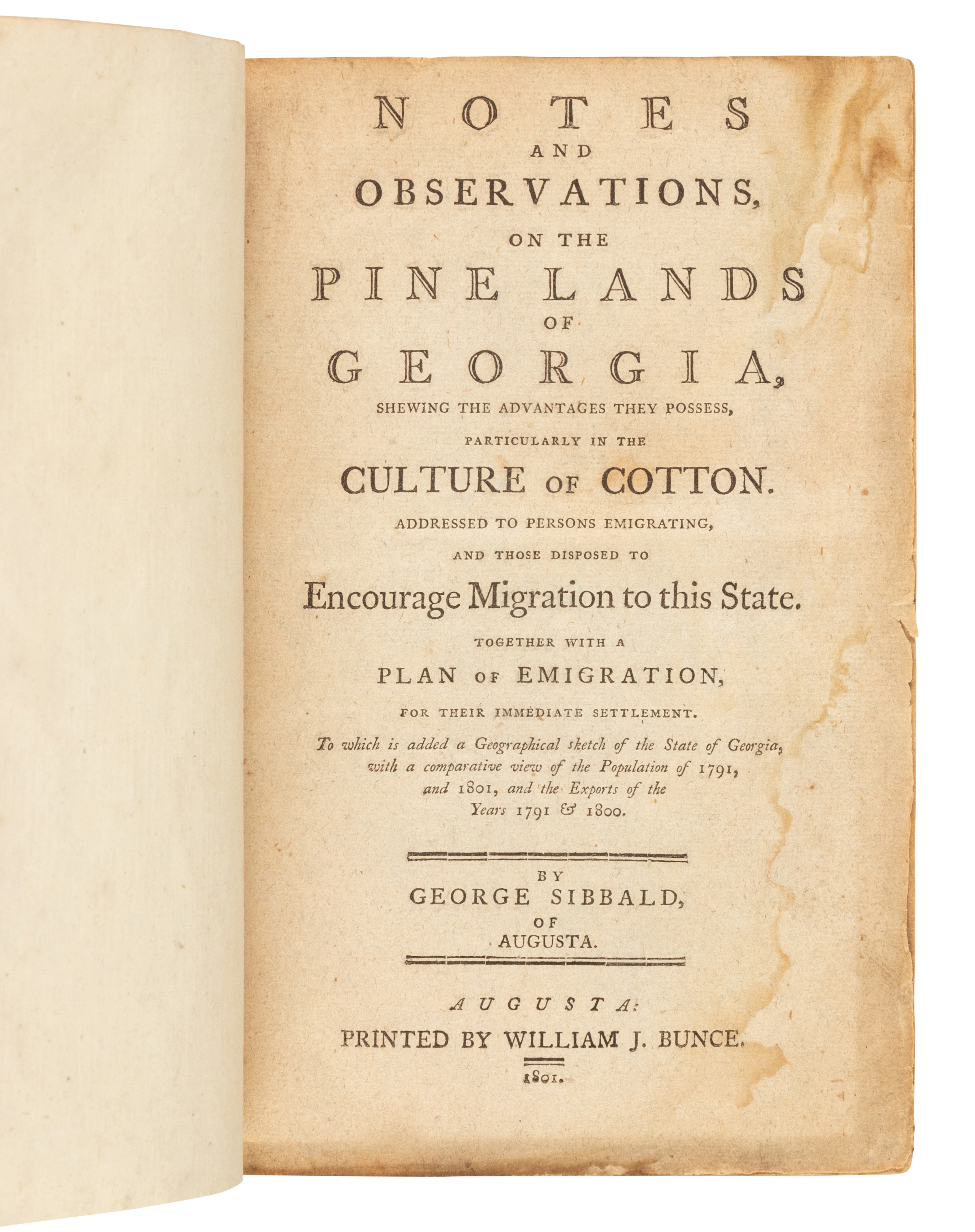 [GEORGIA]. SIBBALD, George. Notes and Observations, on the Pine Lands of Georgia. Augusta, GA: Willi