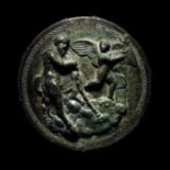 A Greek Bronze Box Mirror with Pan and Eros Diameter 6 inches (15.5 cm).
