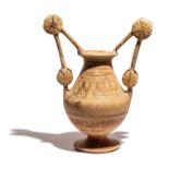 A Mesapian Painted Pottery Trozella Height 8 1/16 inches (21 cm).