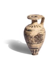 A Corinthian Pottery Aryballos Height 3 3/4 inches (10 cm).