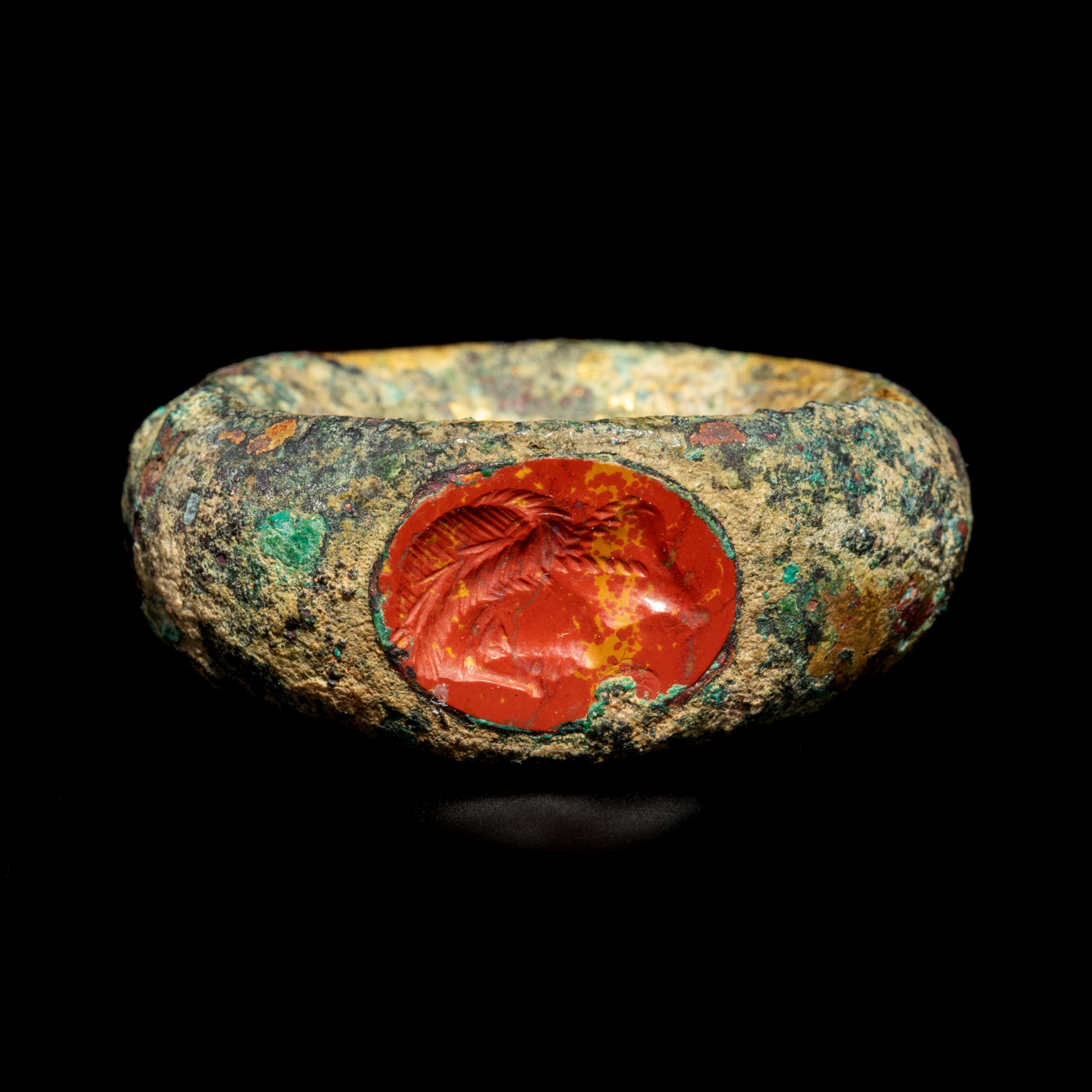 A Roman Gilt-Bronze Finger Ring with a Red Jasper Intaglio of Agrippina  Ring size 4 1/2; Diameter o - Image 2 of 3