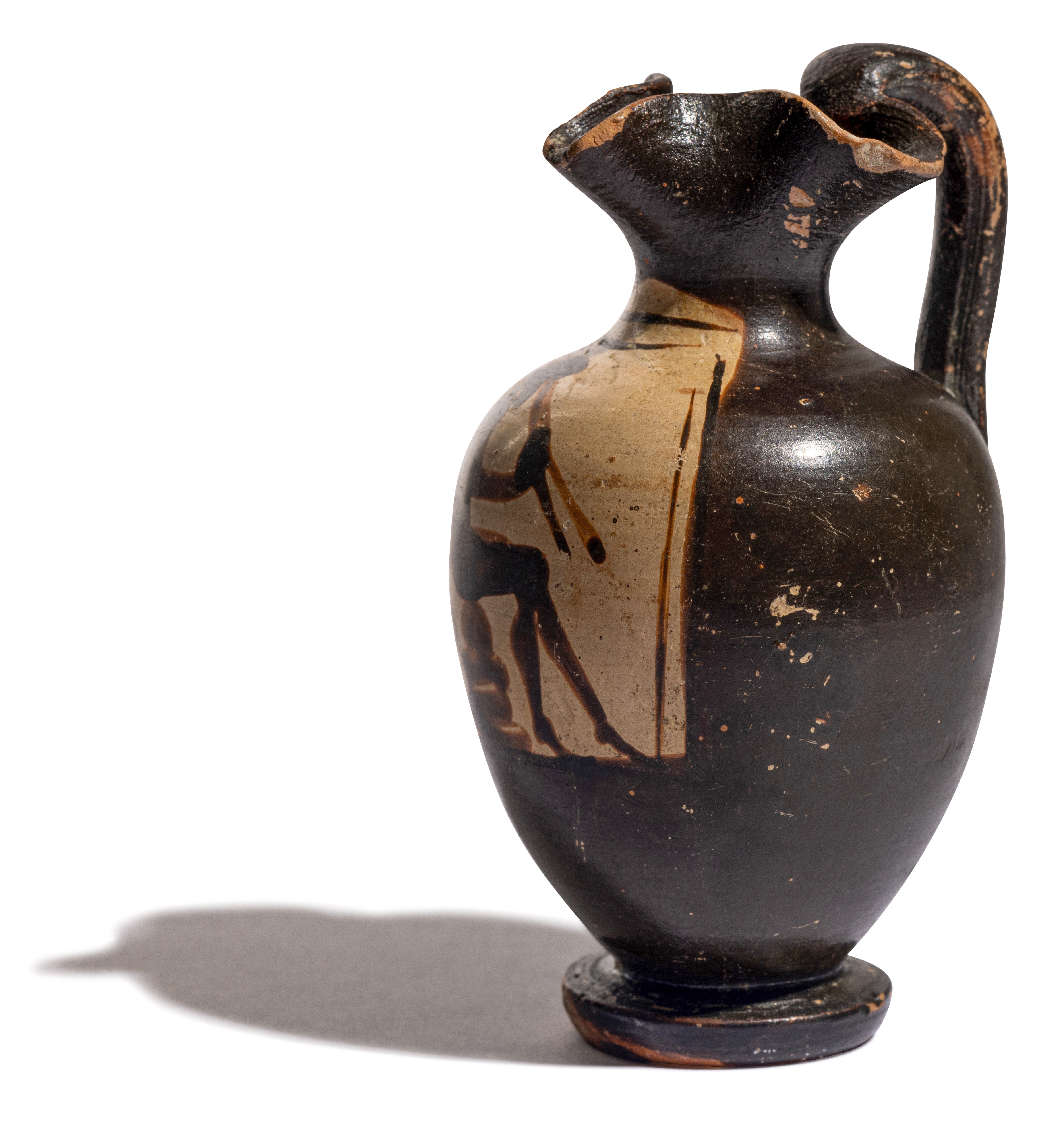 A Greek Black-Figured Trefoil Oinochoe Height 3 3/4 inches (10 cm). - Image 5 of 12