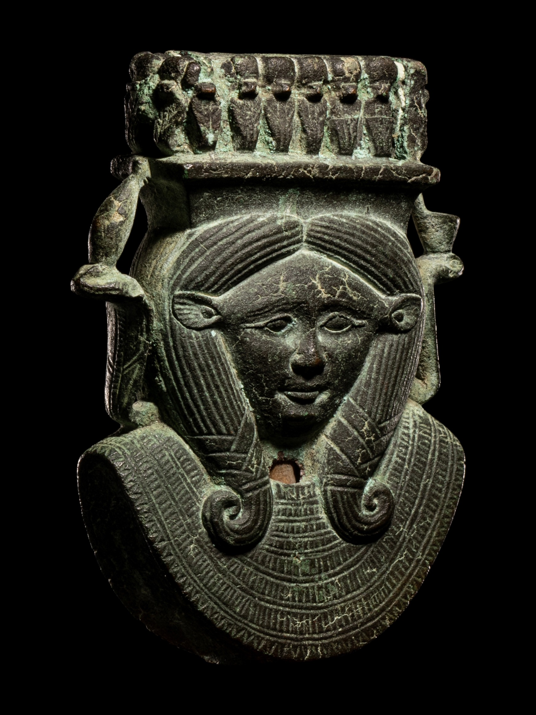 An Egyptian Bronze Hathor Sistrum Terminal Height 3 inches (8 cm). - Image 3 of 4