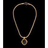 A Byzantine Gold Necklace with Molded Green Glass Cameo Length with chain 10 3/8 inches (26.5 cm);