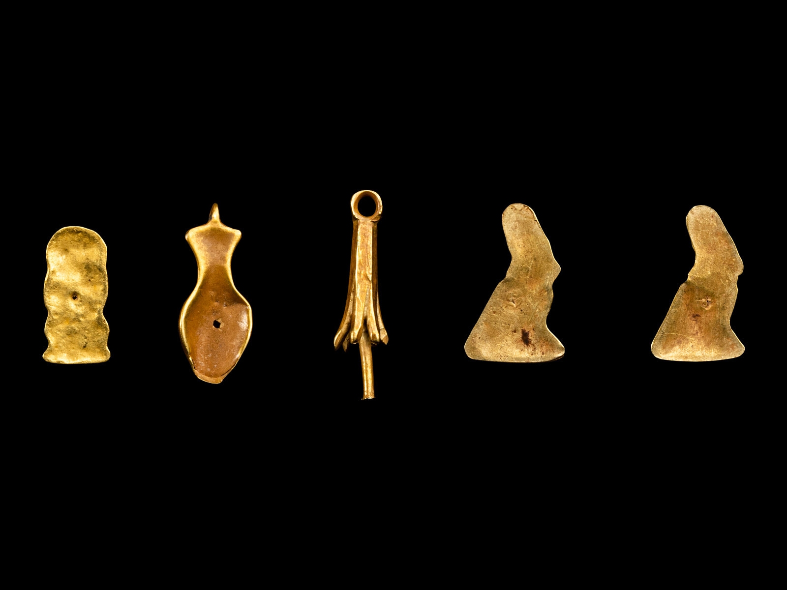 Five Egyptian Gold Amulets including Papyrus, Nefer, Bes and Horus Height of largest 1/2 inch (1.27 - Image 2 of 2