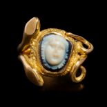 A Roman Sardonyx Cameo of Medusa Ring size 9 1/2; Diameter of cameo 9/16 inch (1.4 cm).