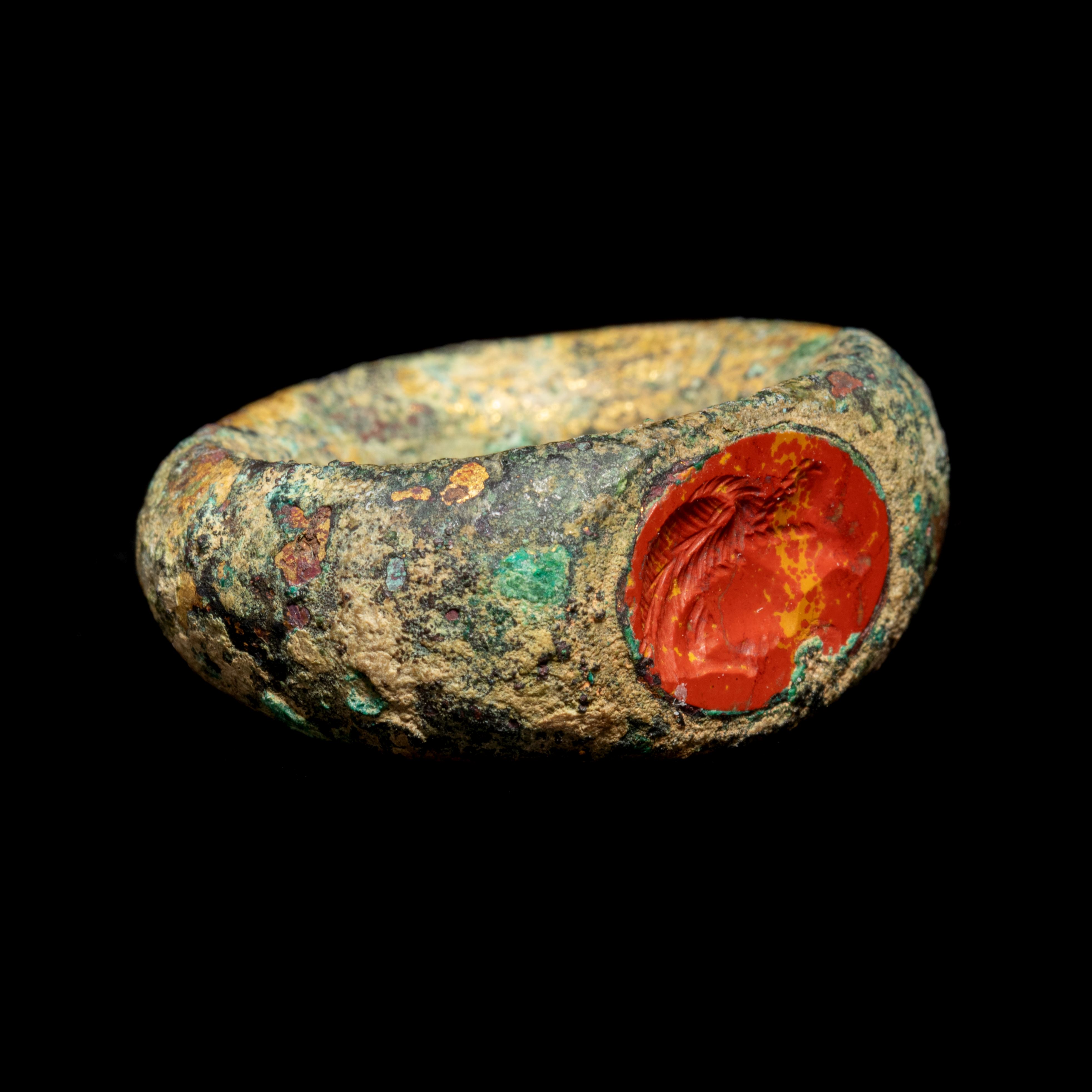 A Roman Gilt-Bronze Finger Ring with a Red Jasper Intaglio of Agrippina  Ring size 4 1/2; Diameter o - Image 3 of 3