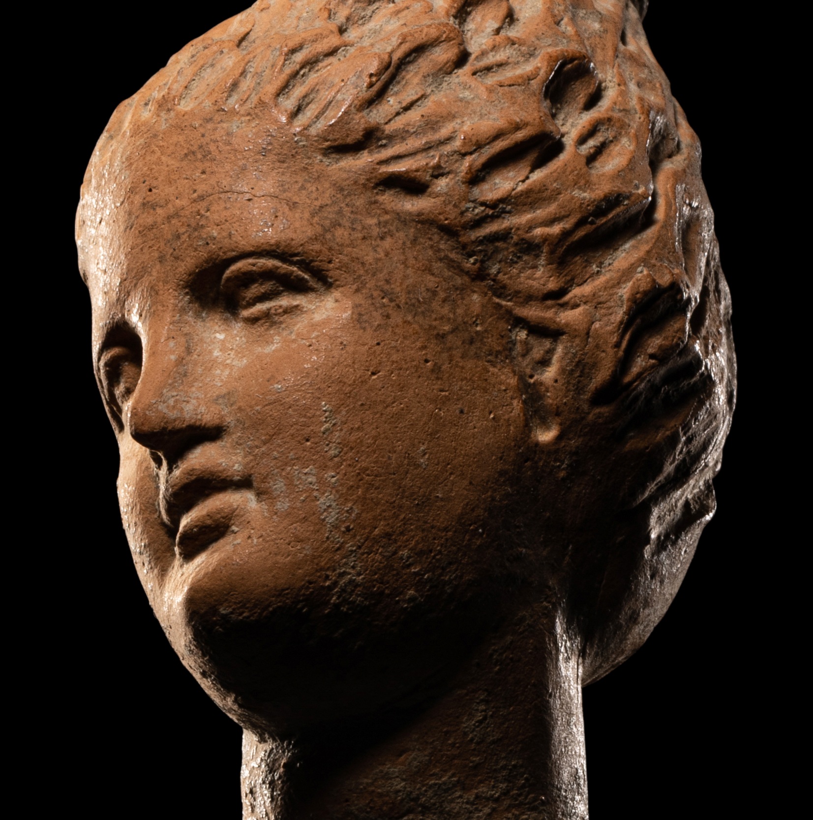 A Greek Terracotta Female Head with Melon Coiffure Height 3 inches (7.6 cm). - Image 6 of 8