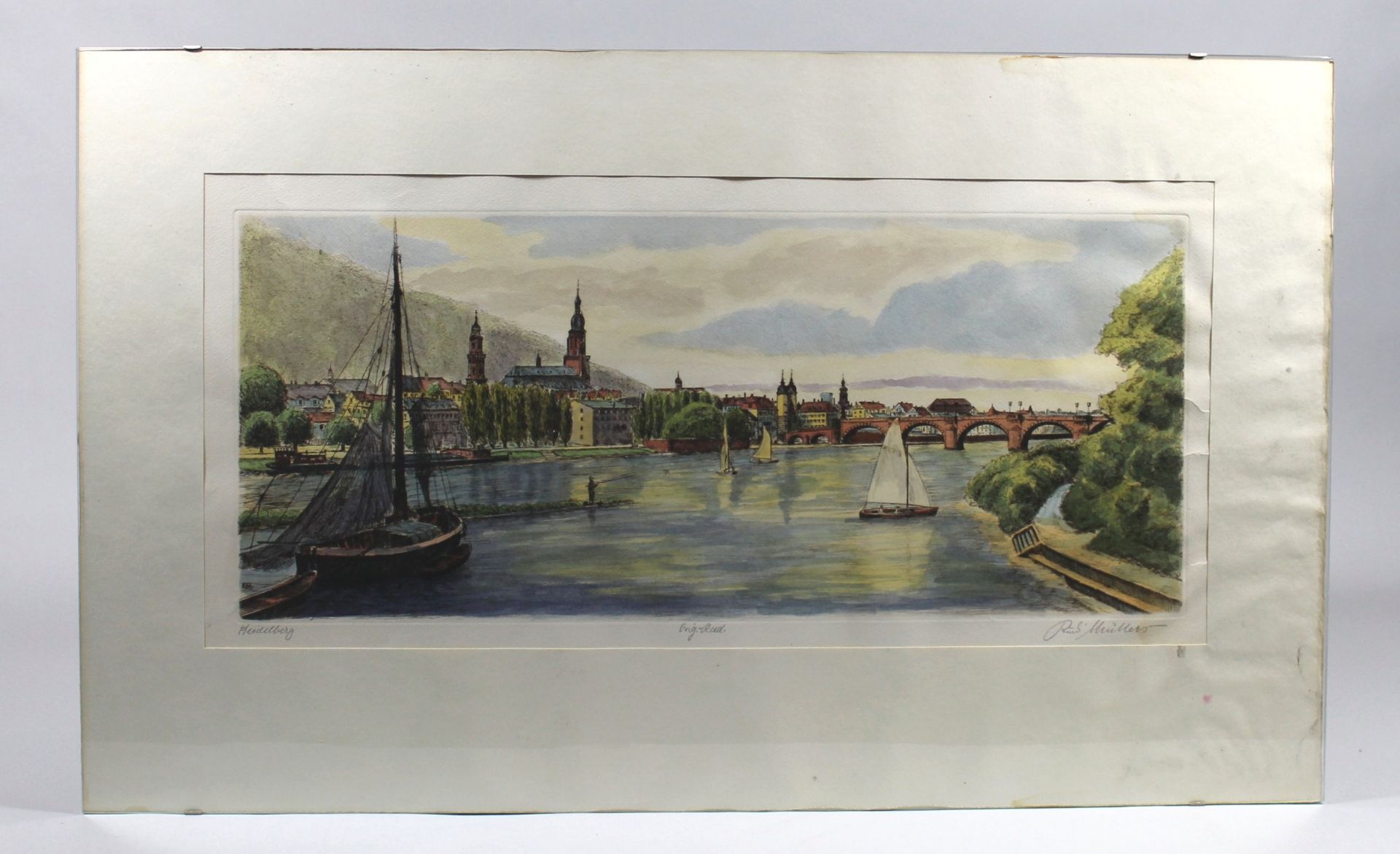 1 original Radierung gerahmt "Ansicht der Heidelberger Altstadt und der Alten Brücke vom Neckar