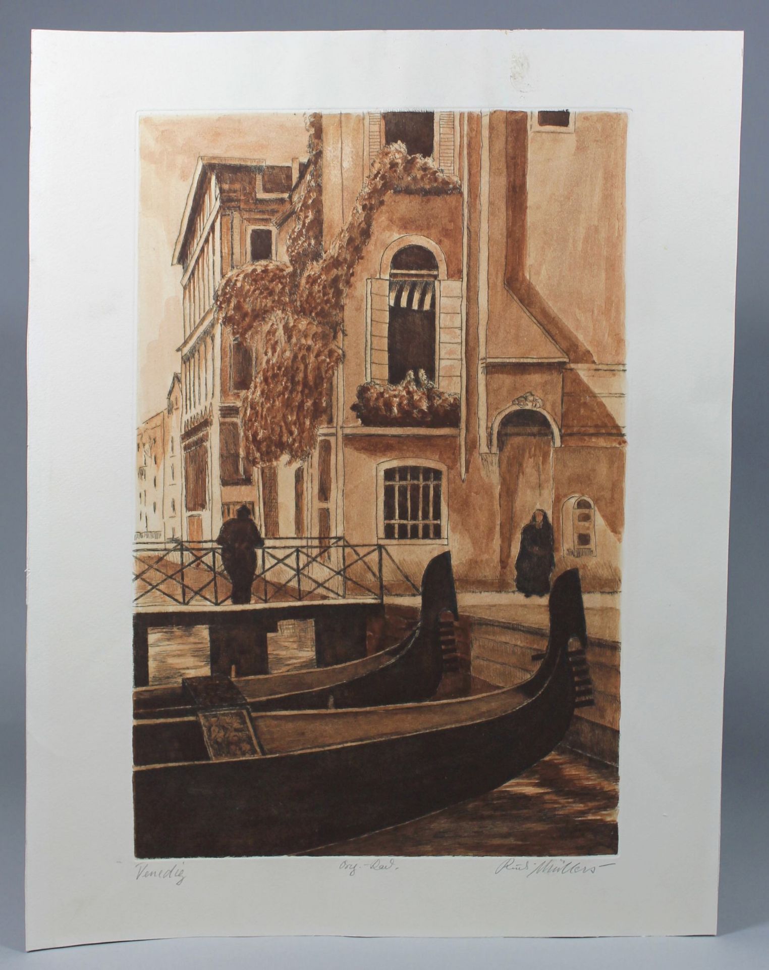 3 original Radierungen und 1 Aquarell, ungerahmt "Venedig", rechts unten jeweils signiert Rudi - Image 2 of 4