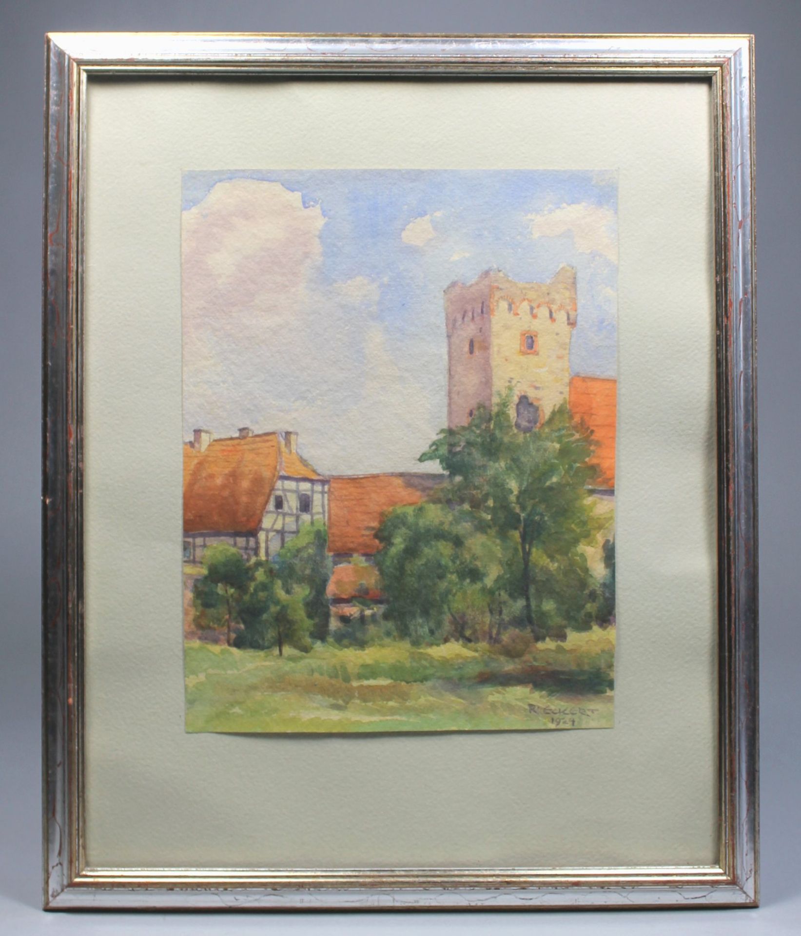 1 Aquarell gerhamt "Alter Turm in Babenhausen", rechts unten signiert und datiert R. Eckert 1924,