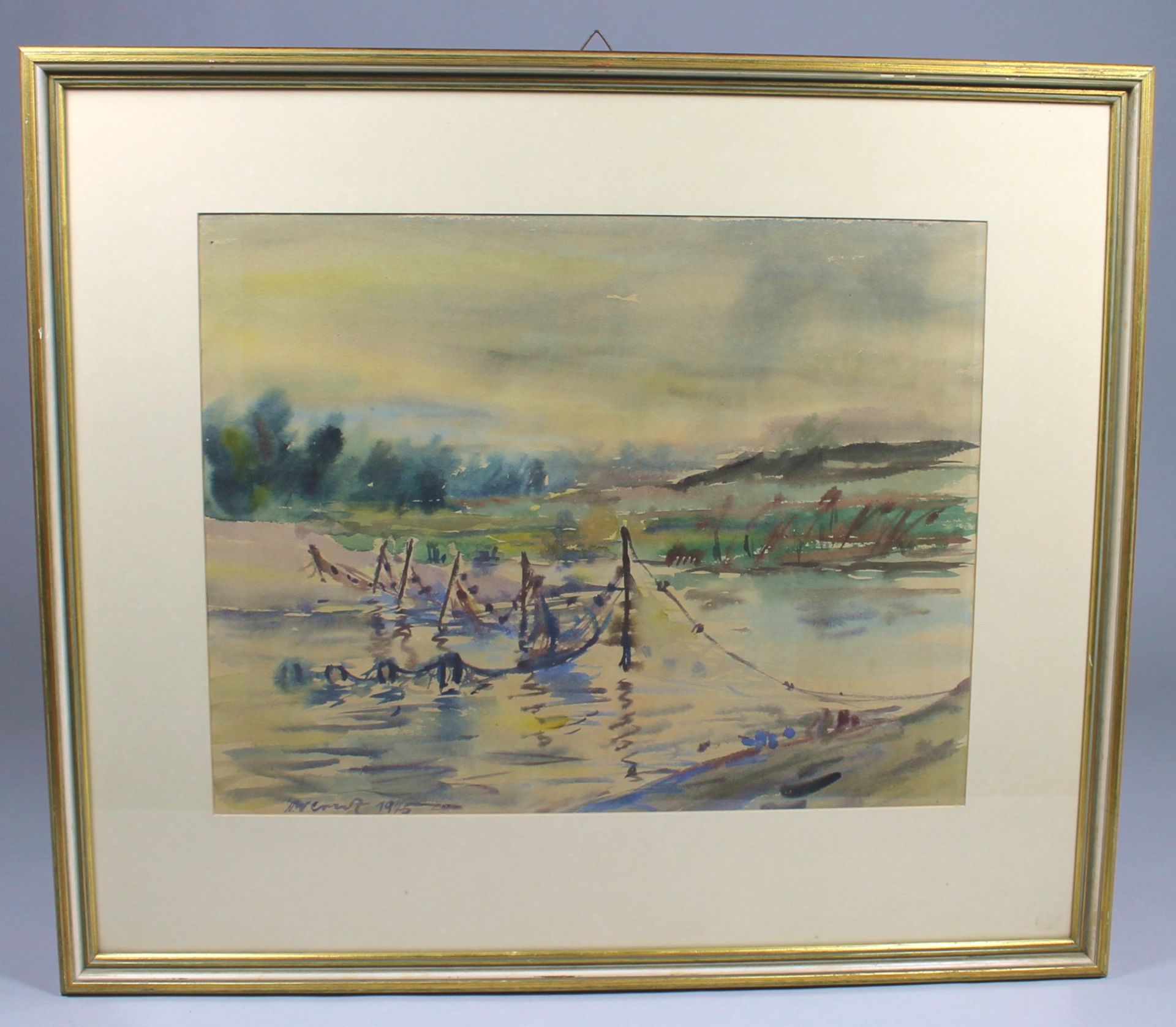 1 Aquarell "Flußlandschaft", links unten signiert und datiert 1945, ca. 33cm x 41,5cm (