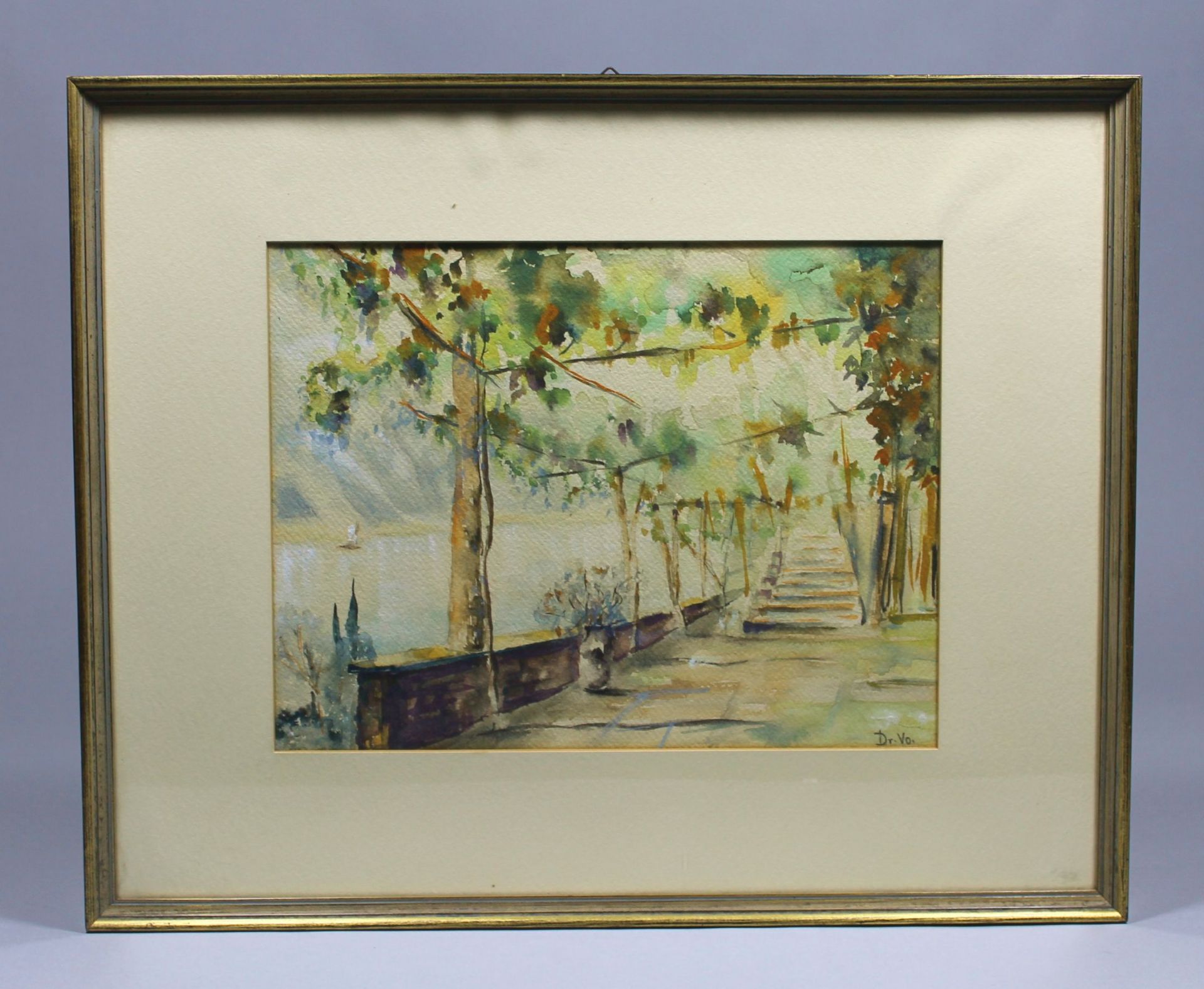 1 Aquarell gerahmt "Laubengang am See", rechts unten monogrammiert, ca. 23cm x 30cm (Motivgrösse),