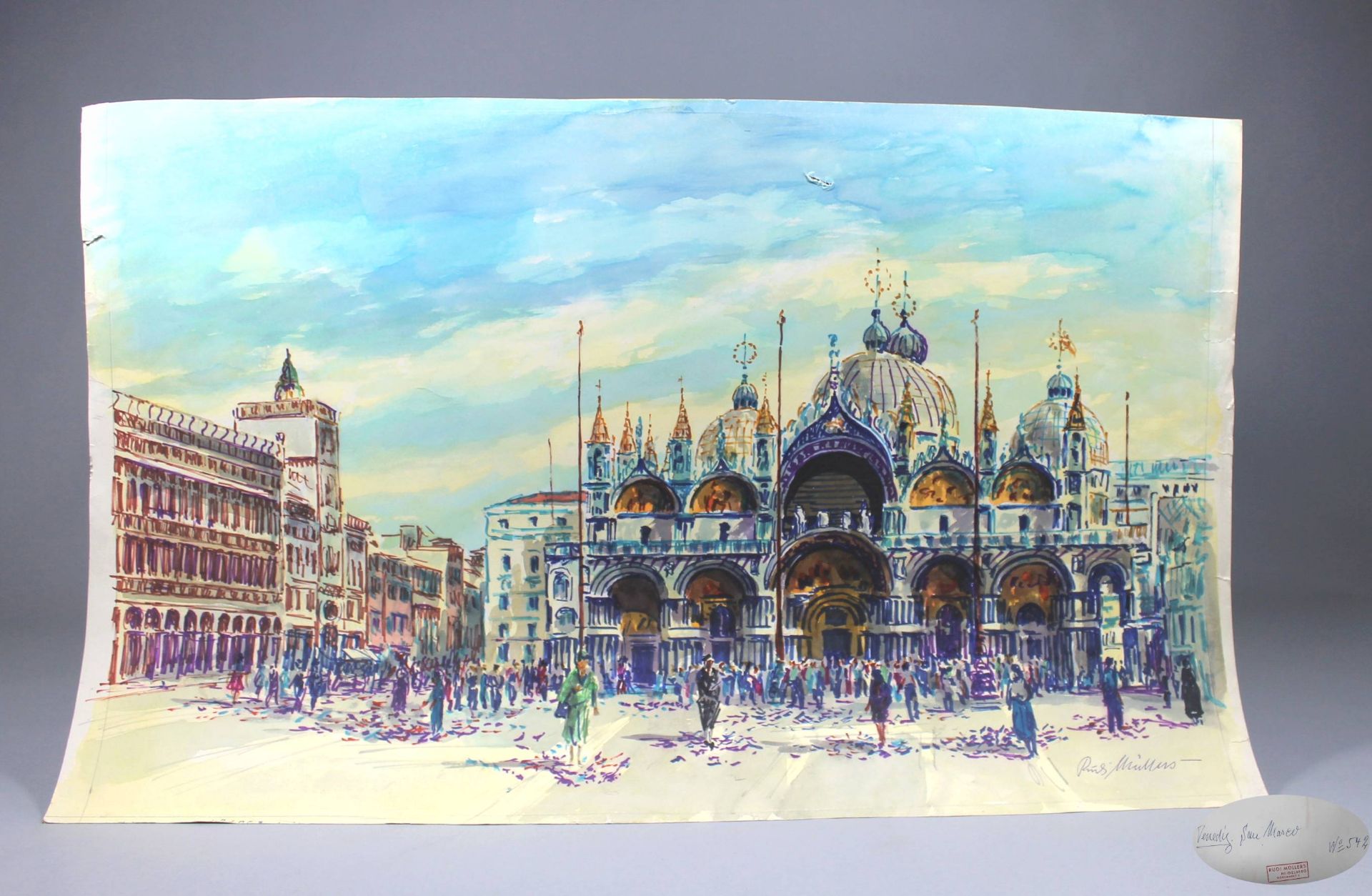 3 original Radierungen und 1 Aquarell, ungerahmt "Venedig", rechts unten jeweils signiert Rudi