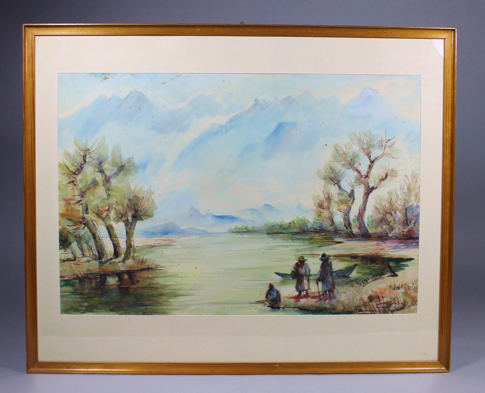 1 Aquarell "Flußlandschaft", rechts unten signiert, ca. 45cm x 66cm (Motivgröße), diverse