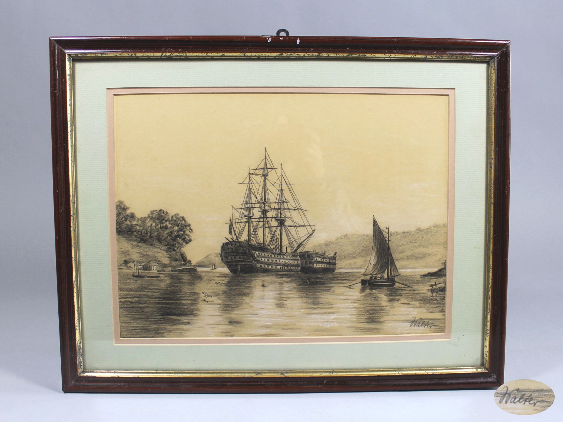 1 Zeichnung gerahmt "Segelschiff", rechts unten signiert Walter, ca. 29cm x 39,5cm (Motivgrösse),