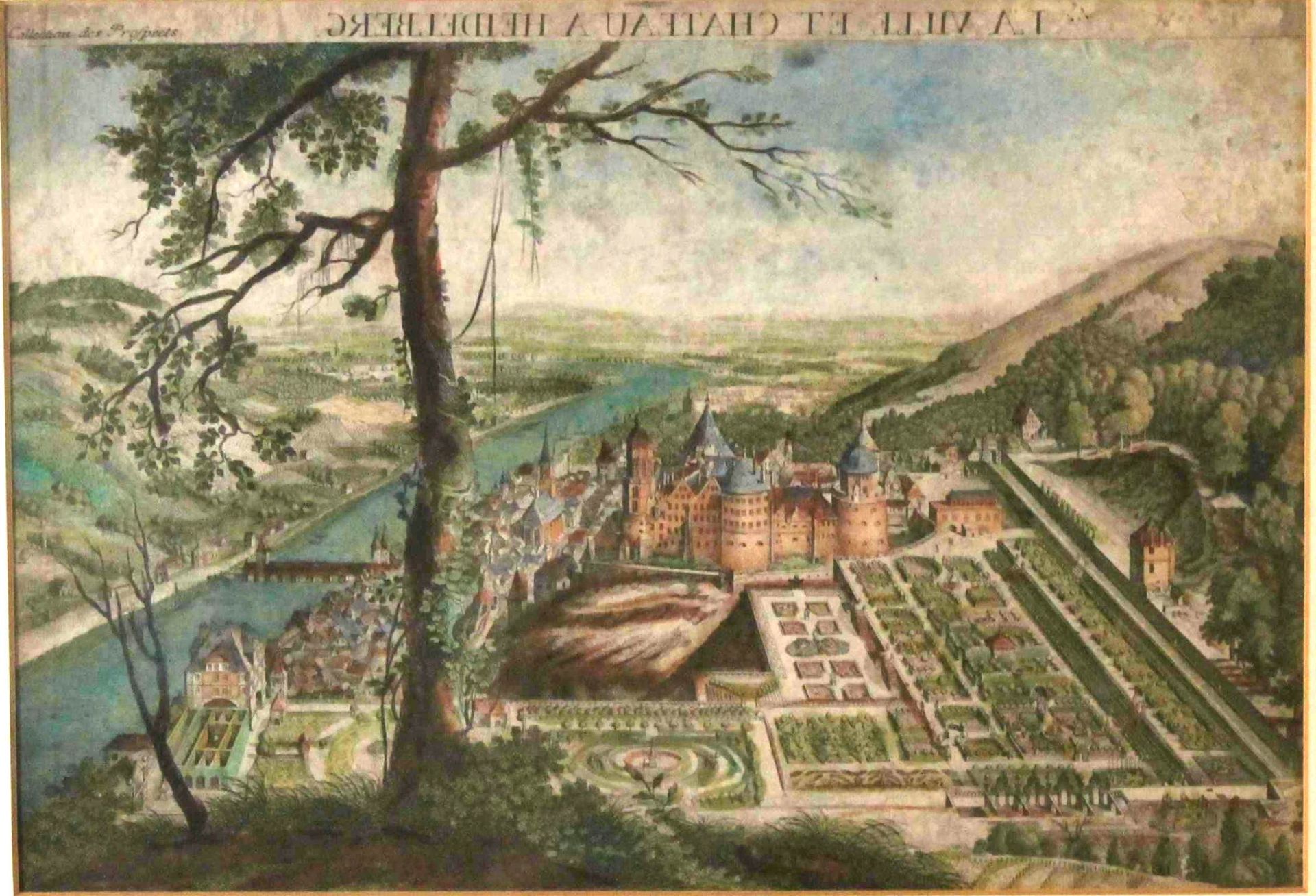 1 alter colorierter Stich gerahmt "Blick auf das Heidelberger Schloss und den Neckar", ca. 26cm x