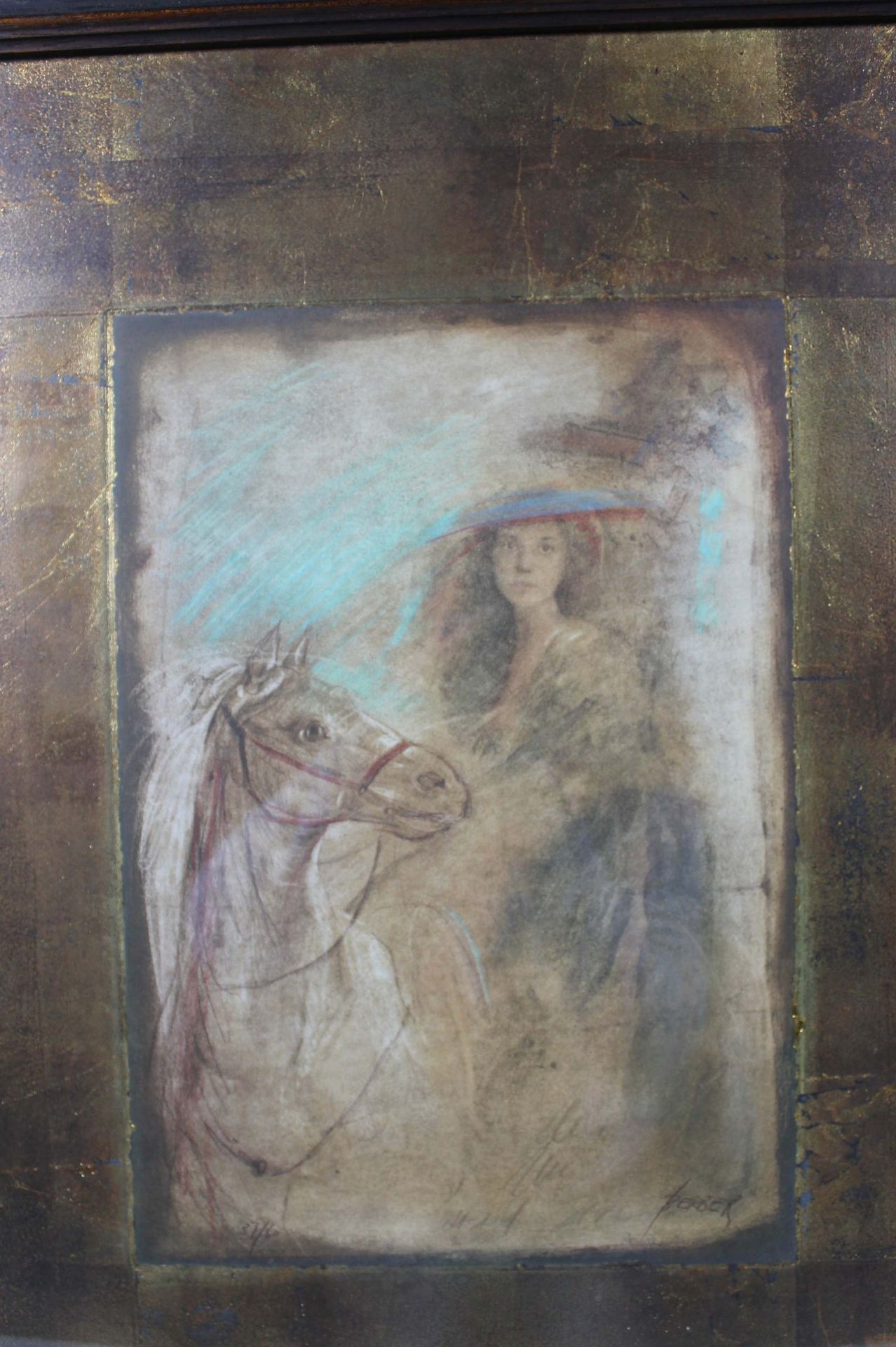 1 Farbradierung mit aufgewalztem Blattgoldrand "Dame zu Pferd", von Prof. Mersad Berber (1940-2012), - Image 2 of 2
