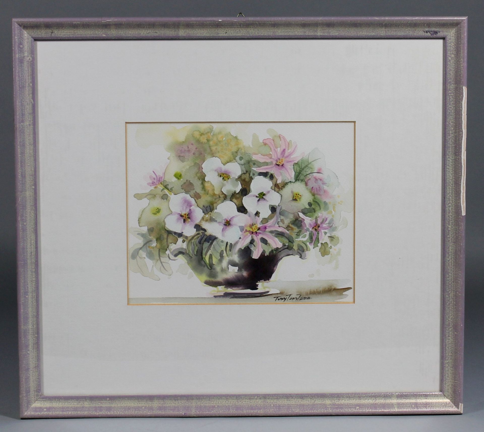 1 Aquarell gerahmt "Blumenvase", rechts unten signiert T. Tongterm, Tony Tongterm (1940), ca. 20cm x