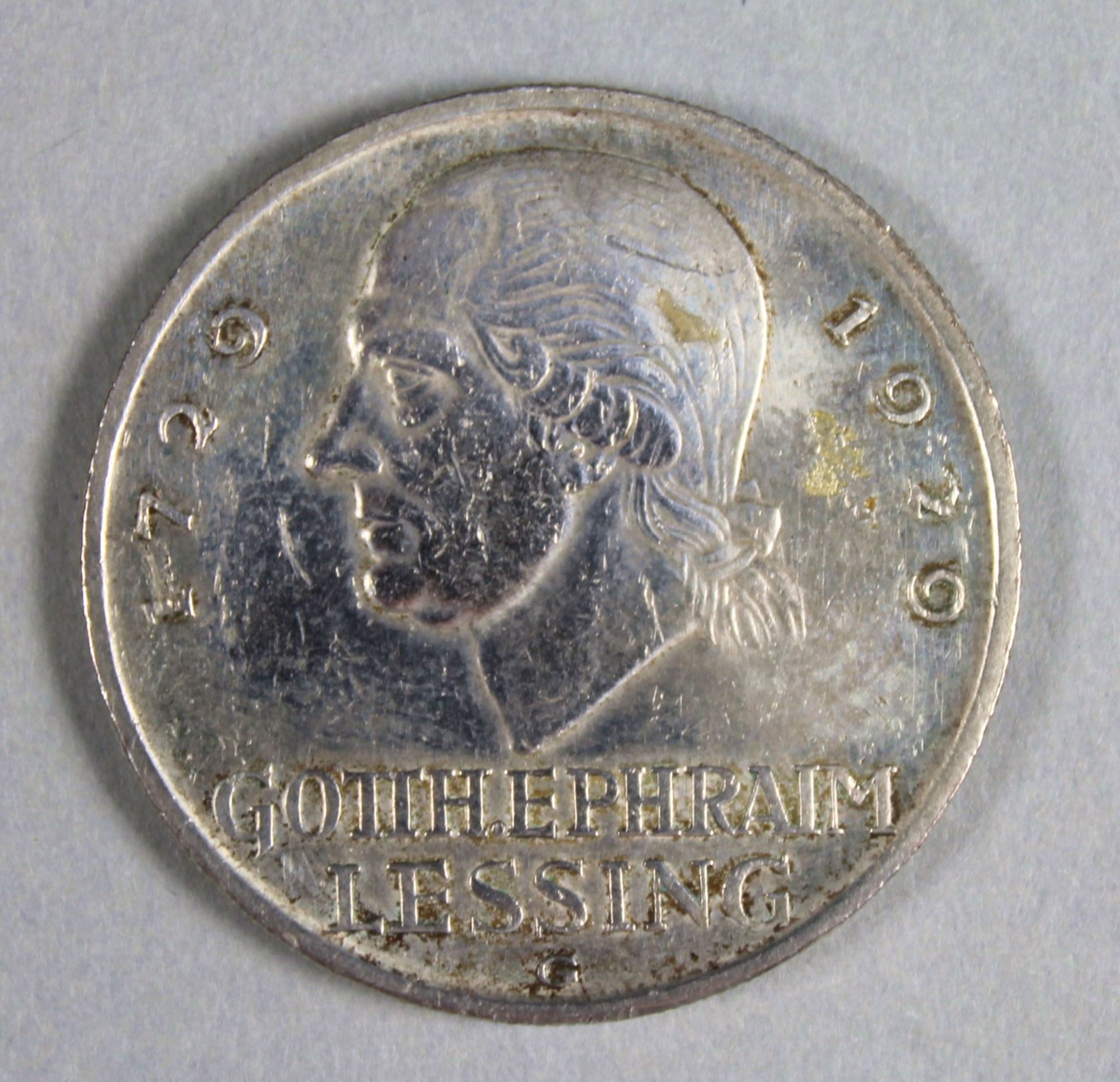 1 Münze Silber "5 Reichsmark 1929, 200. Geburtstag von Gotthold Ephraim Lessing", Prägestätte G, (