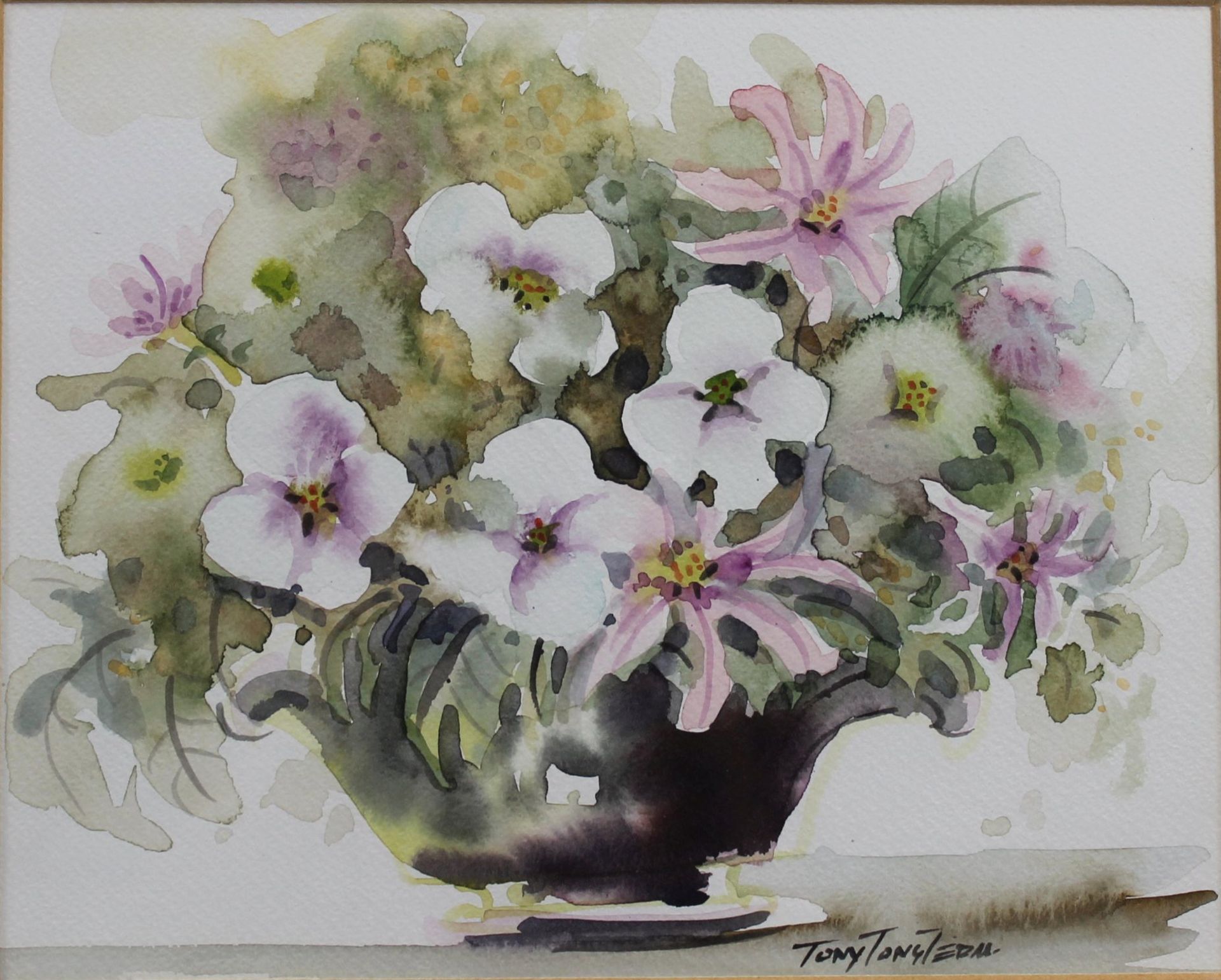 1 Aquarell gerahmt "Blumenvase", rechts unten signiert T. Tongterm, Tony Tongterm (1940), ca. 20cm x - Image 2 of 3