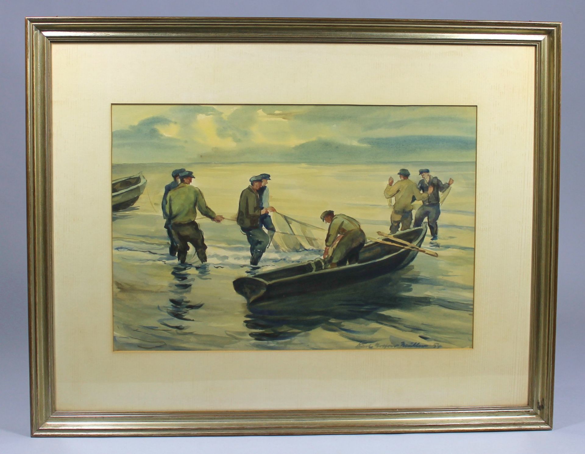 1 Aquarell "Fischer mit Boot beim Einholen eines Netzes", rechts unten signiert und datiert `54, ca.