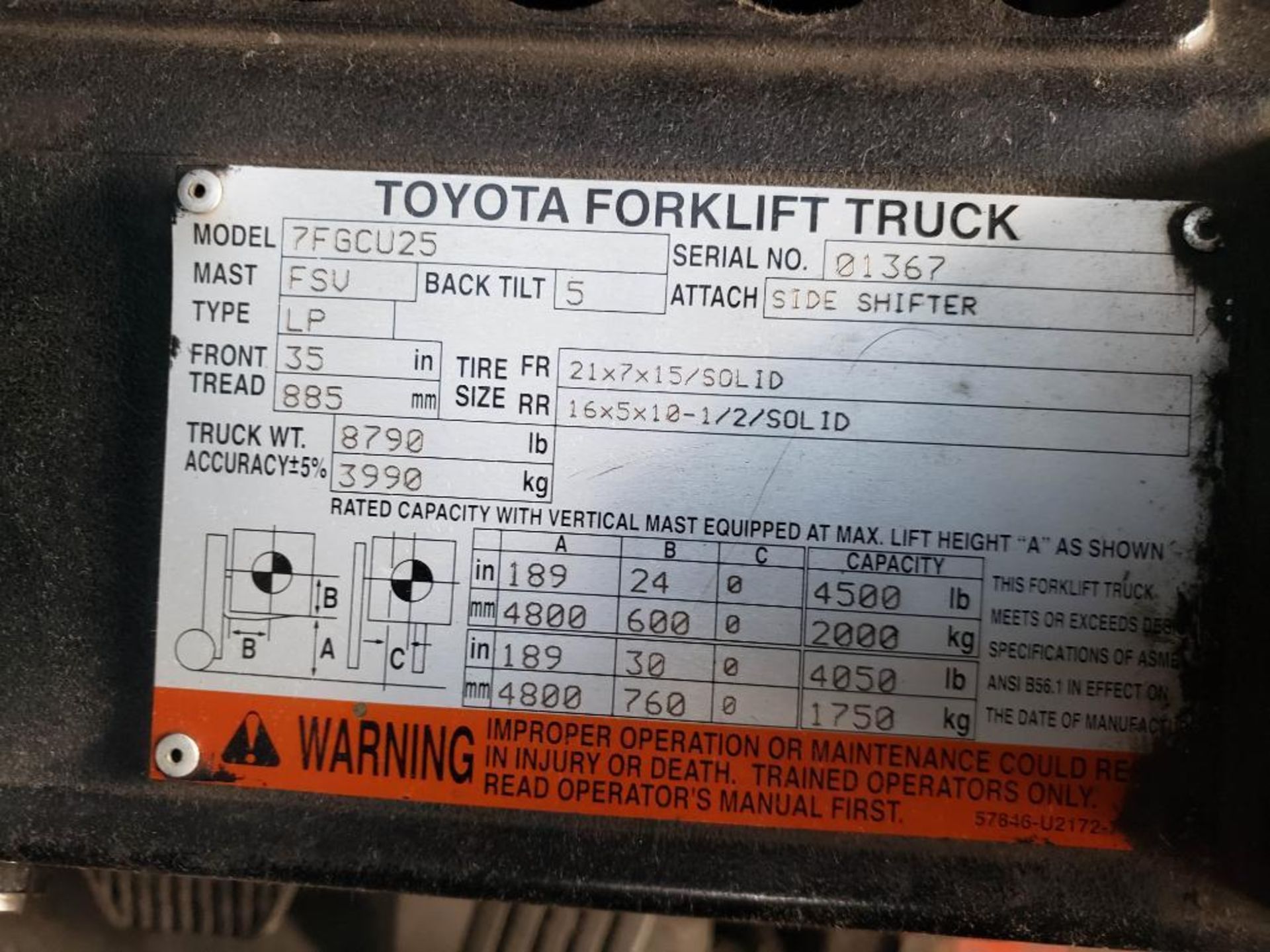 4500Lbs. Toyota Forklift, Model 7FGCU25 - Image 5 of 5