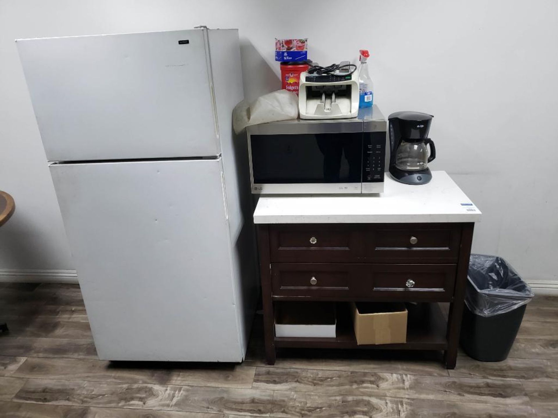 Hot Point Refrig, LG Microwave, Mr. Coffee Coffee Maker, Brother Money Counter