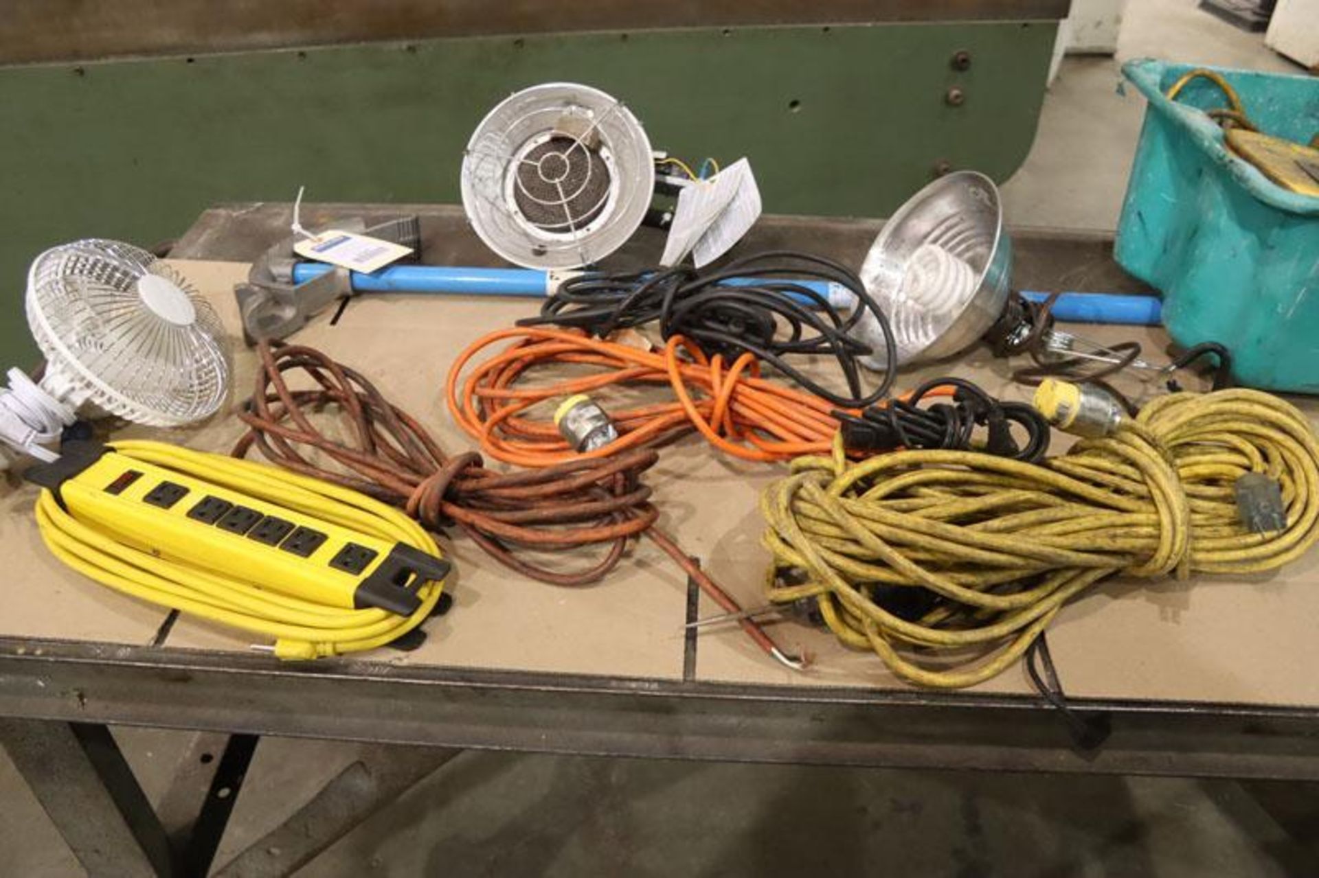 Box of Electric Cords (Some Need Ends) Light, Fan, Conduit Bender, Etc.