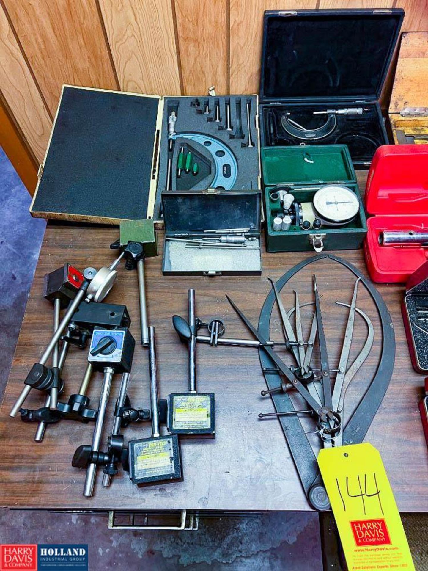 Assorted Micrometer Sets, Callipers, Gauges, Clamps, 4-Drawer Filing Cabinet, Desk and Chair with Ca