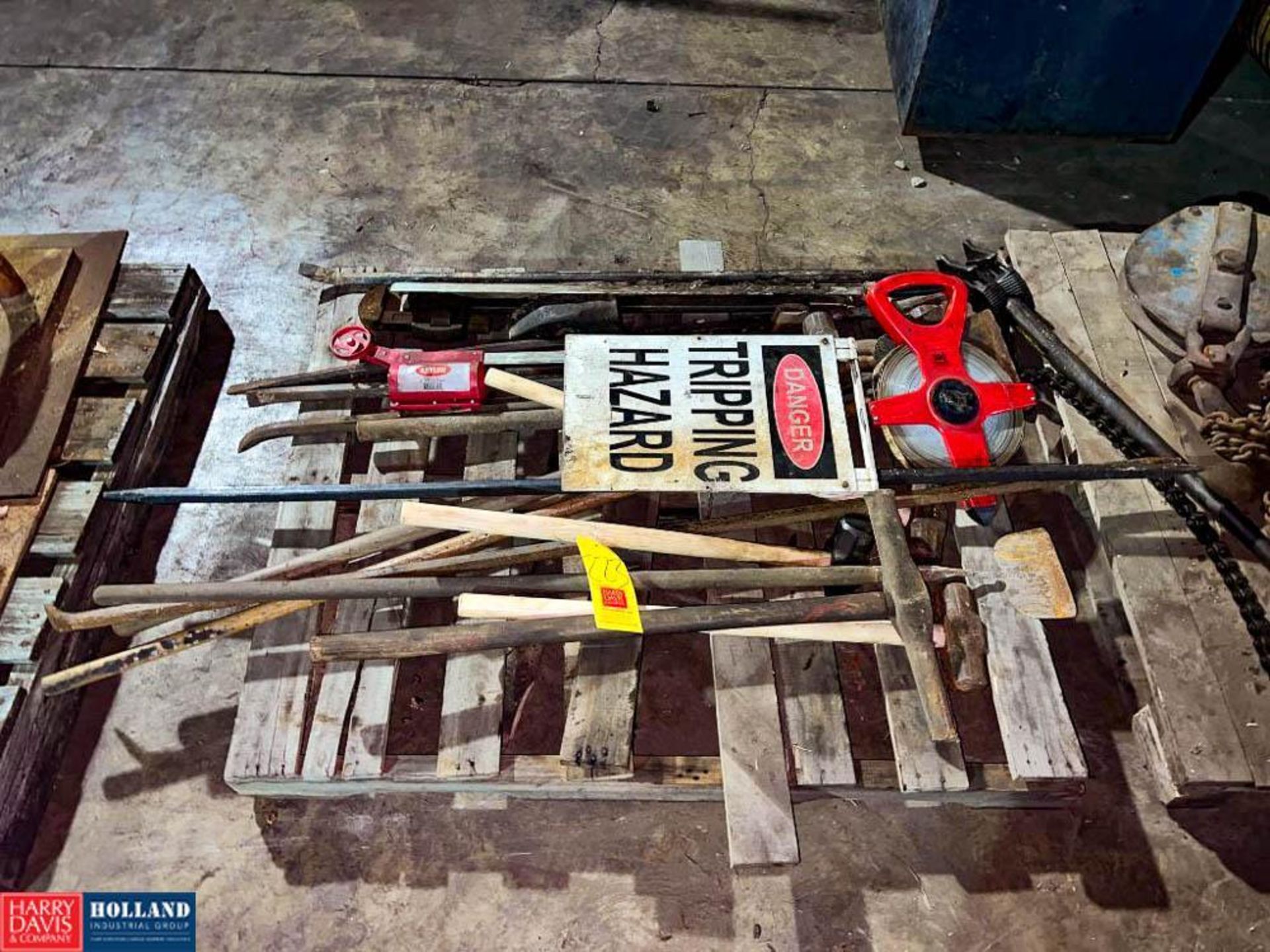 (3) Pallets with Assorted Tie Rods, Sledge Hammers, Pipe Wrenches, 300' Tape Measure and Hazard Sign