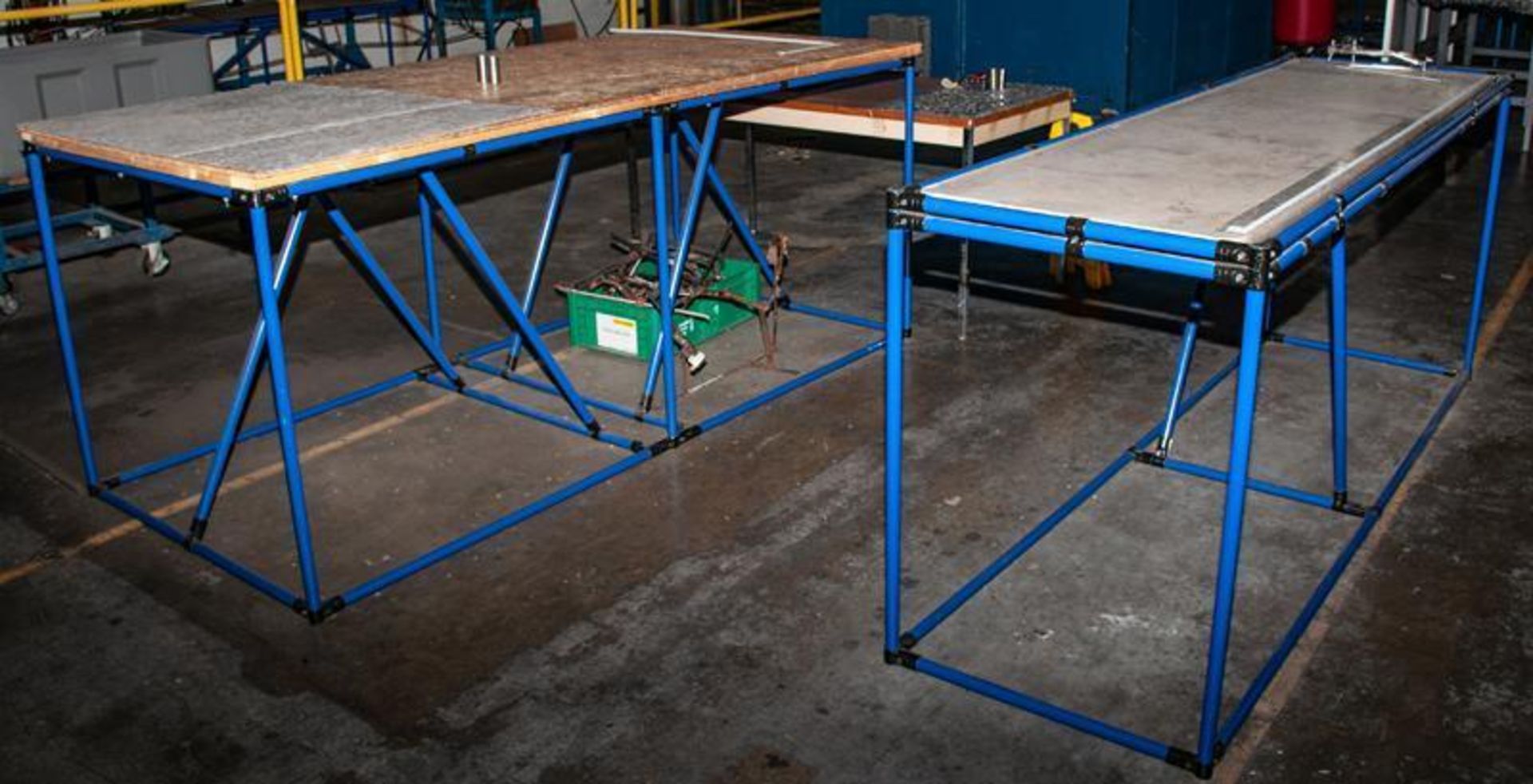 Desk and (2) steel tube w/ Creform hardware stands, (1) approx. 93" x 27" x 38"T, (1) 91-1/2" x 43" - Image 4 of 4