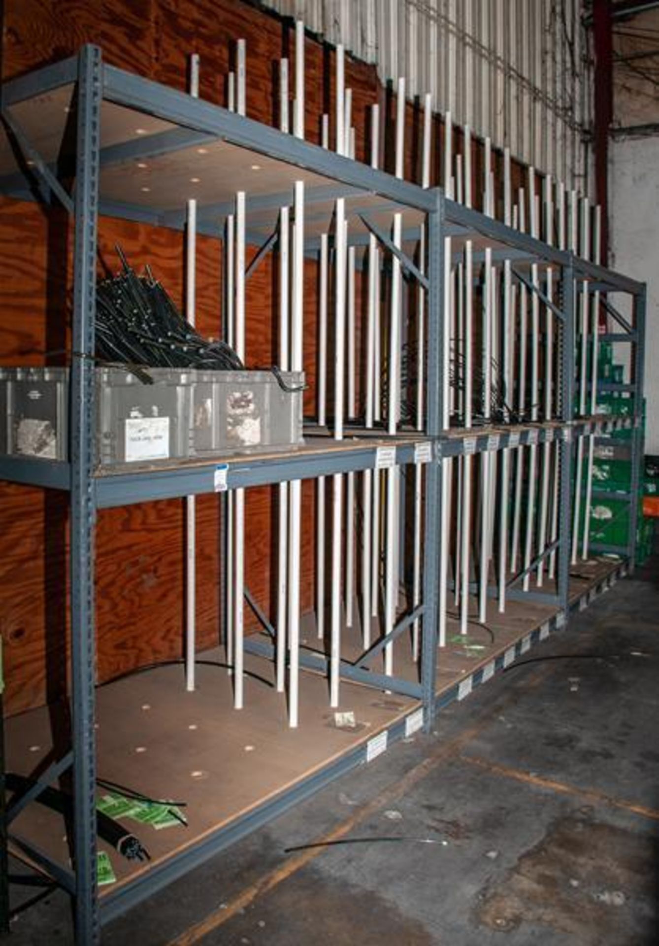 (3) Sections Steel shelving used as Vertical tube storage, Ea. Section approx. 72-1/2" L x 48"deep x
