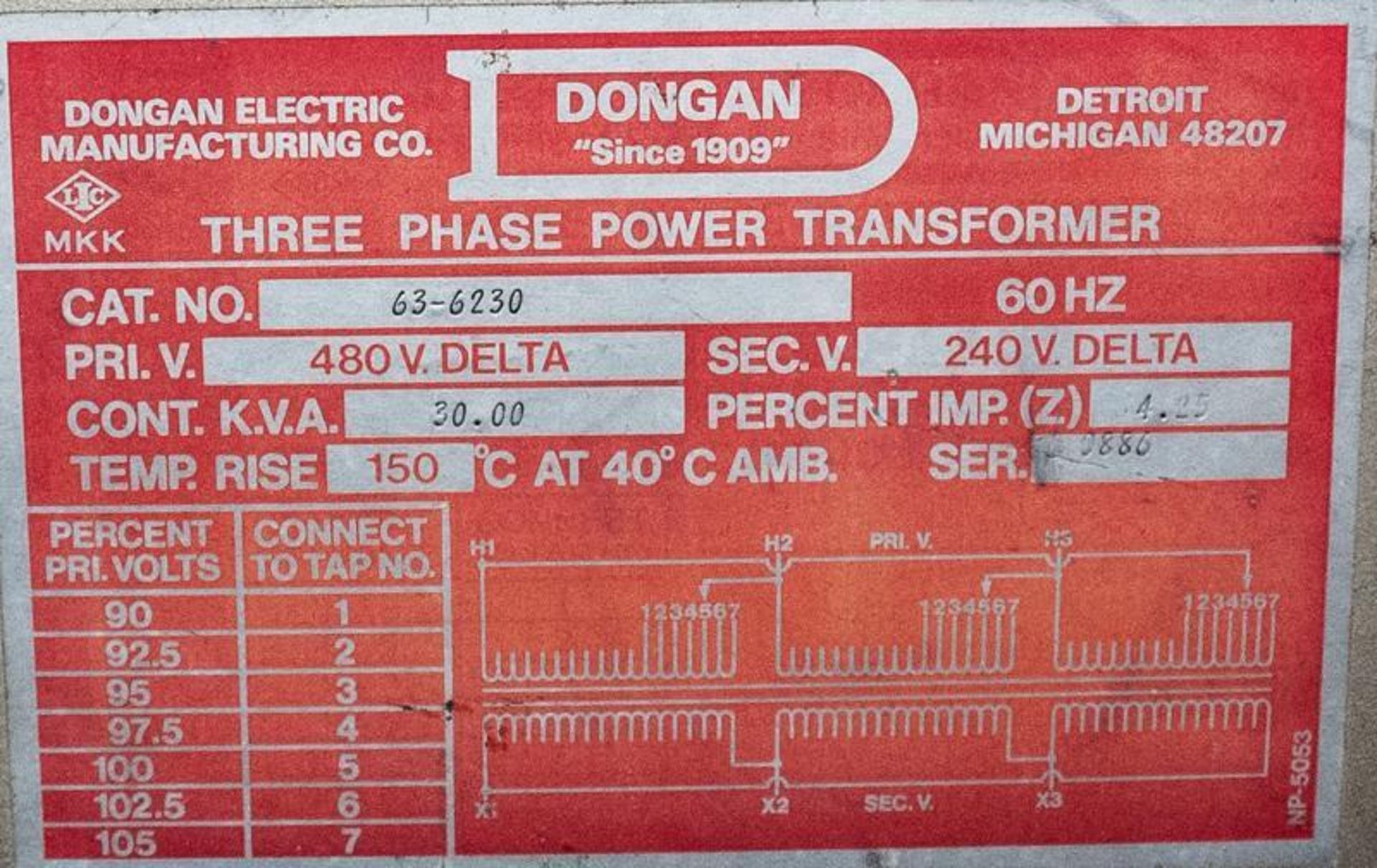 Dongan Transformer, Primary 480 Delta, secondary 240 delta Cat # 63-6230