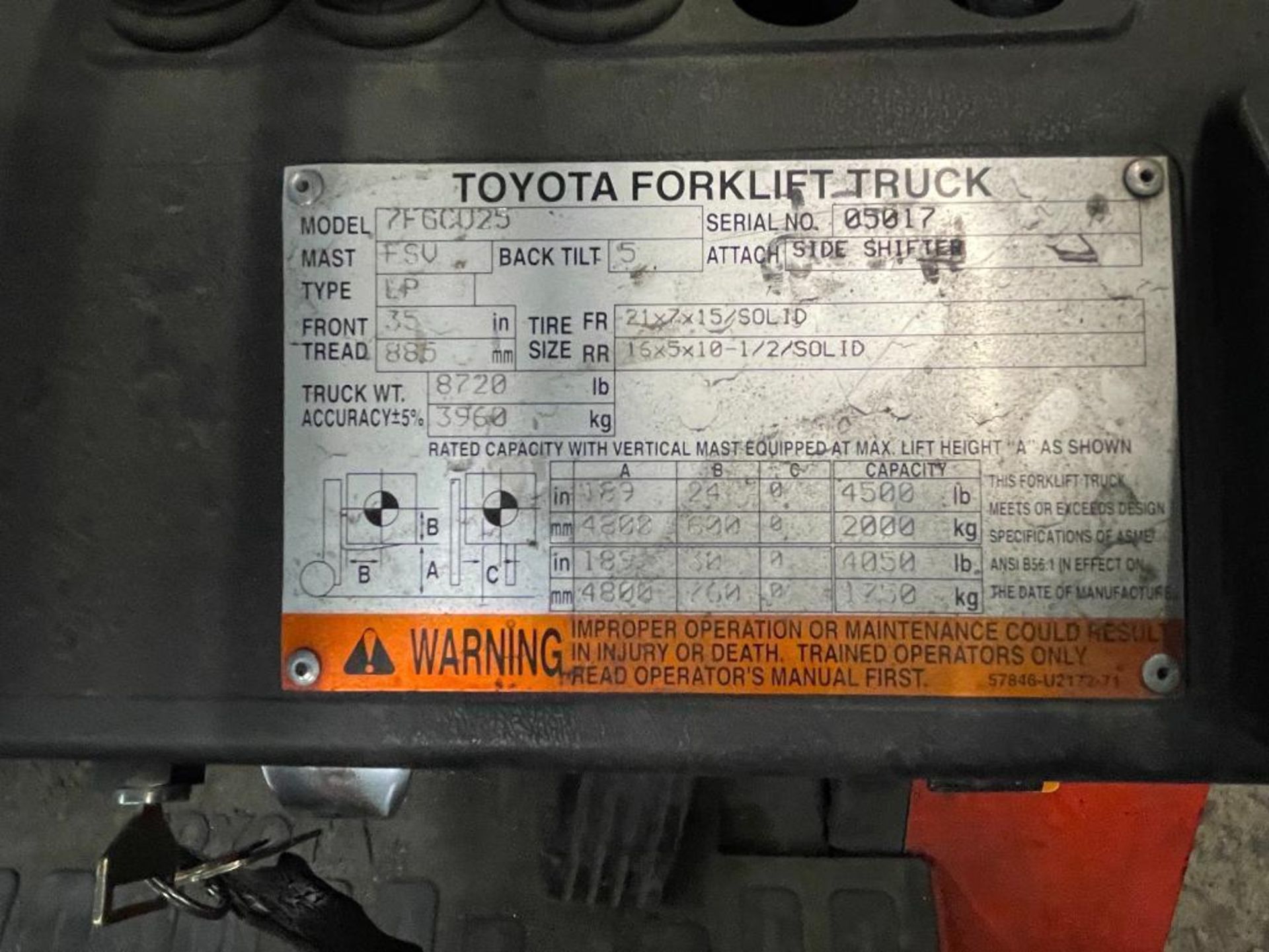 Toyota Forklift Model 7FGCU25 05017 capacity 4500Lbs. Gas - Image 5 of 5