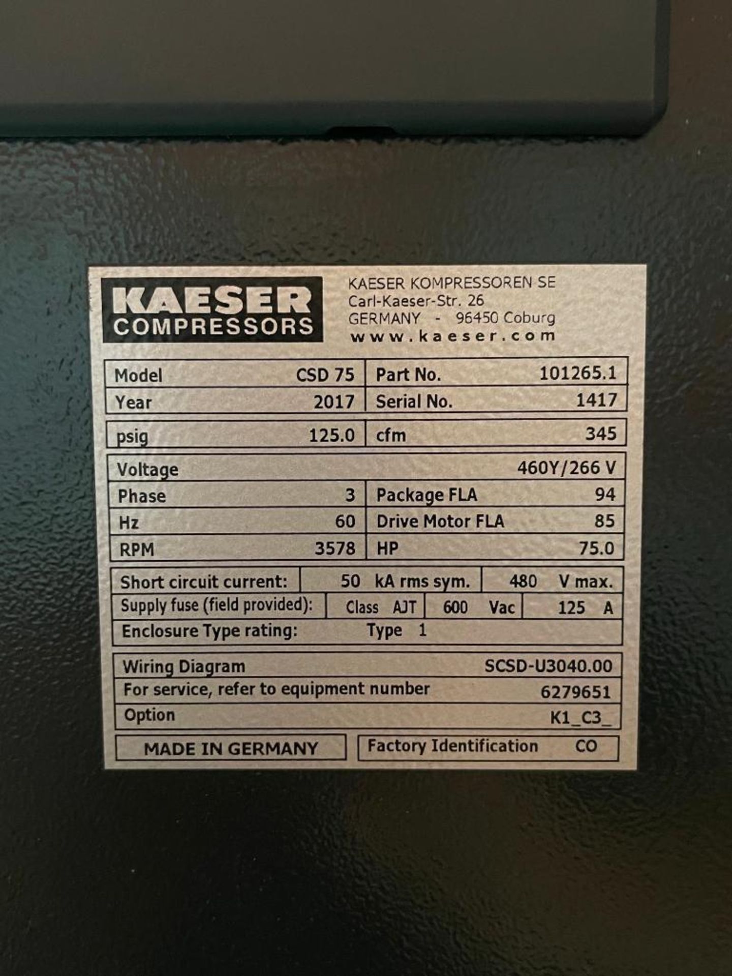 Kaeser Air Compressor Model CSD 75101265:1 SER#1417 Year 2017 75HP - Image 3 of 3