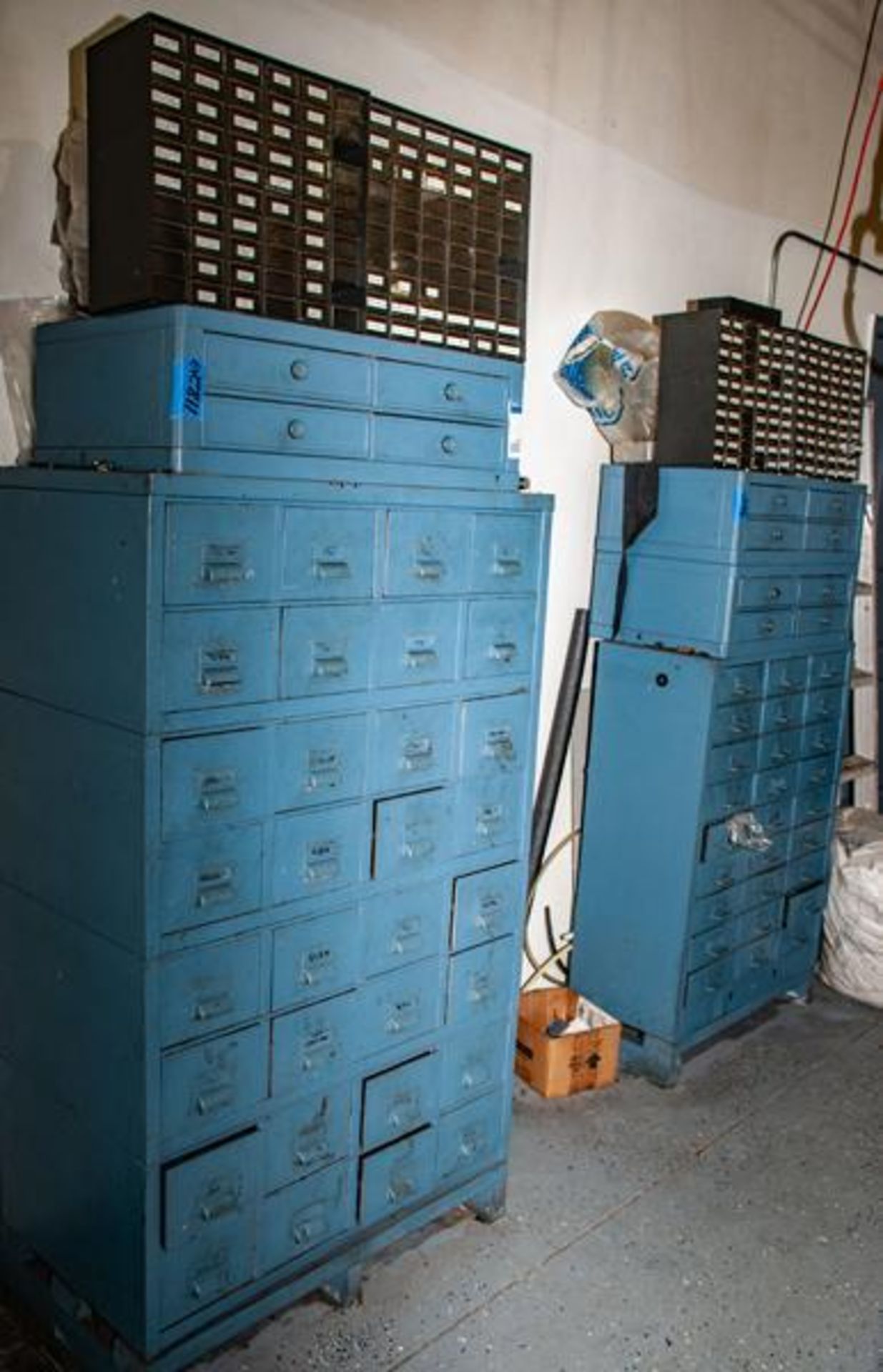 Stacked small parts cabinets (3) stacks, w/ contents, hardware, screws, nuts, bolts, washers, set sc