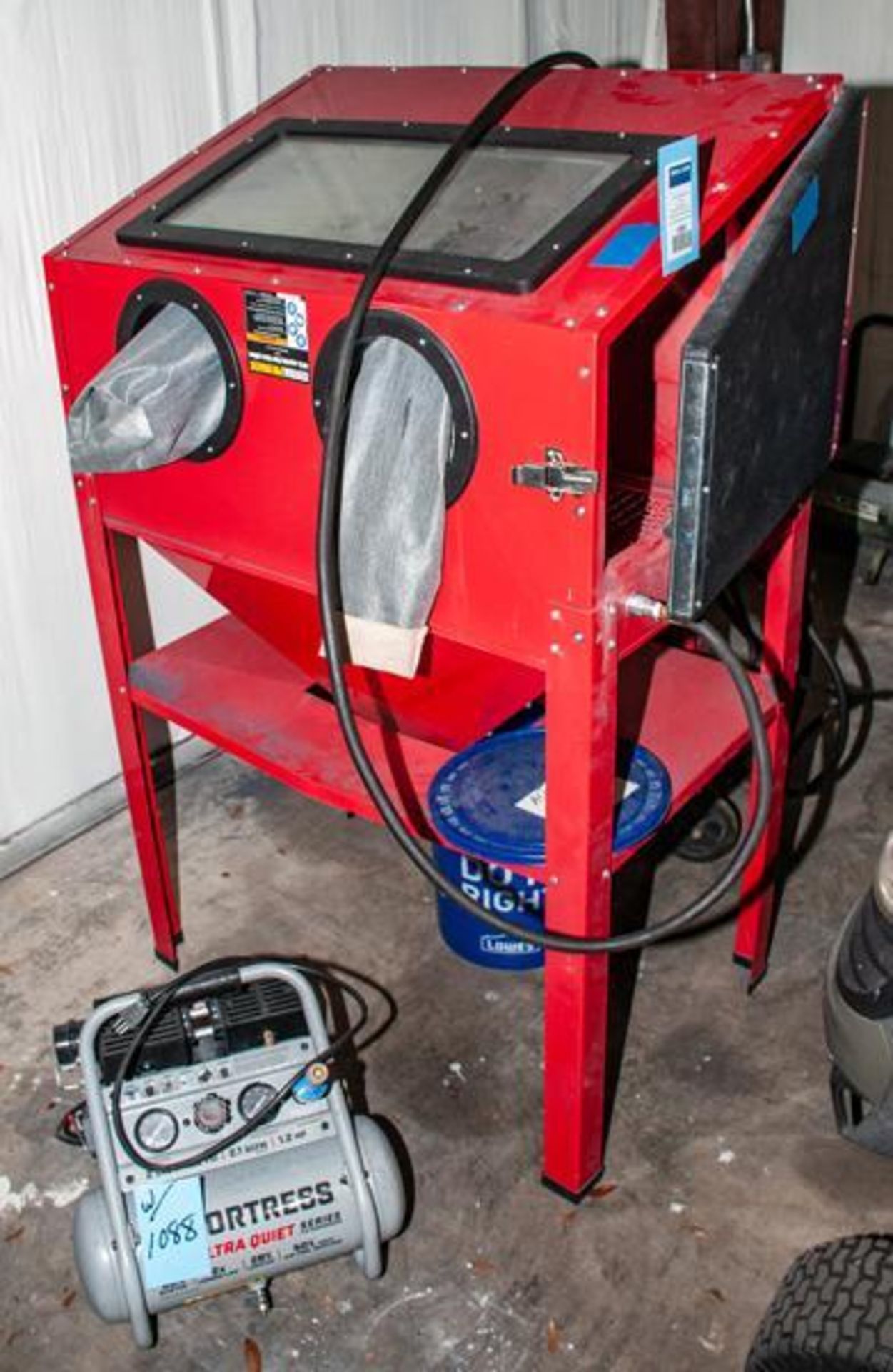 Central pneumatic abrasive blast cabinet on stand, 40 lb cap. & Fortress 1.2hp, 2gal. Air compressor