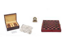A CHINESE CHESS SET, BOXED BAMBOO SCROLLS AND A CLOCK