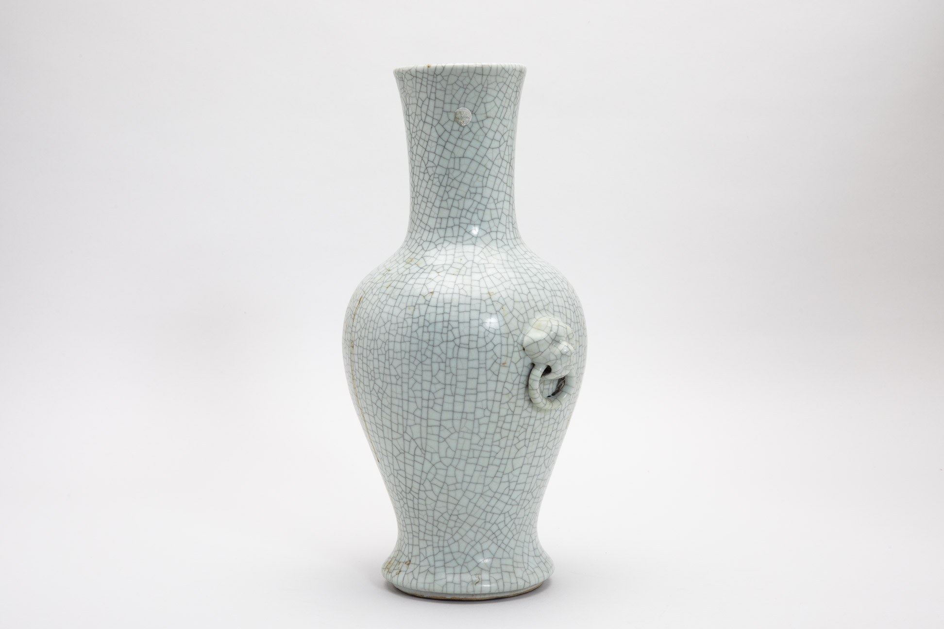 A LARGE TWIN HANDLED CRACKLE GLAZED VASE