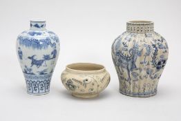 TWO SMALL BLUE AND WHITE VASES AND A BOWL